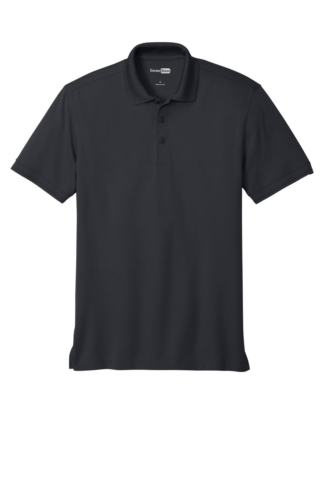 A black polo shirt with a collared neckline, featuring three buttons and a logo on the chest.