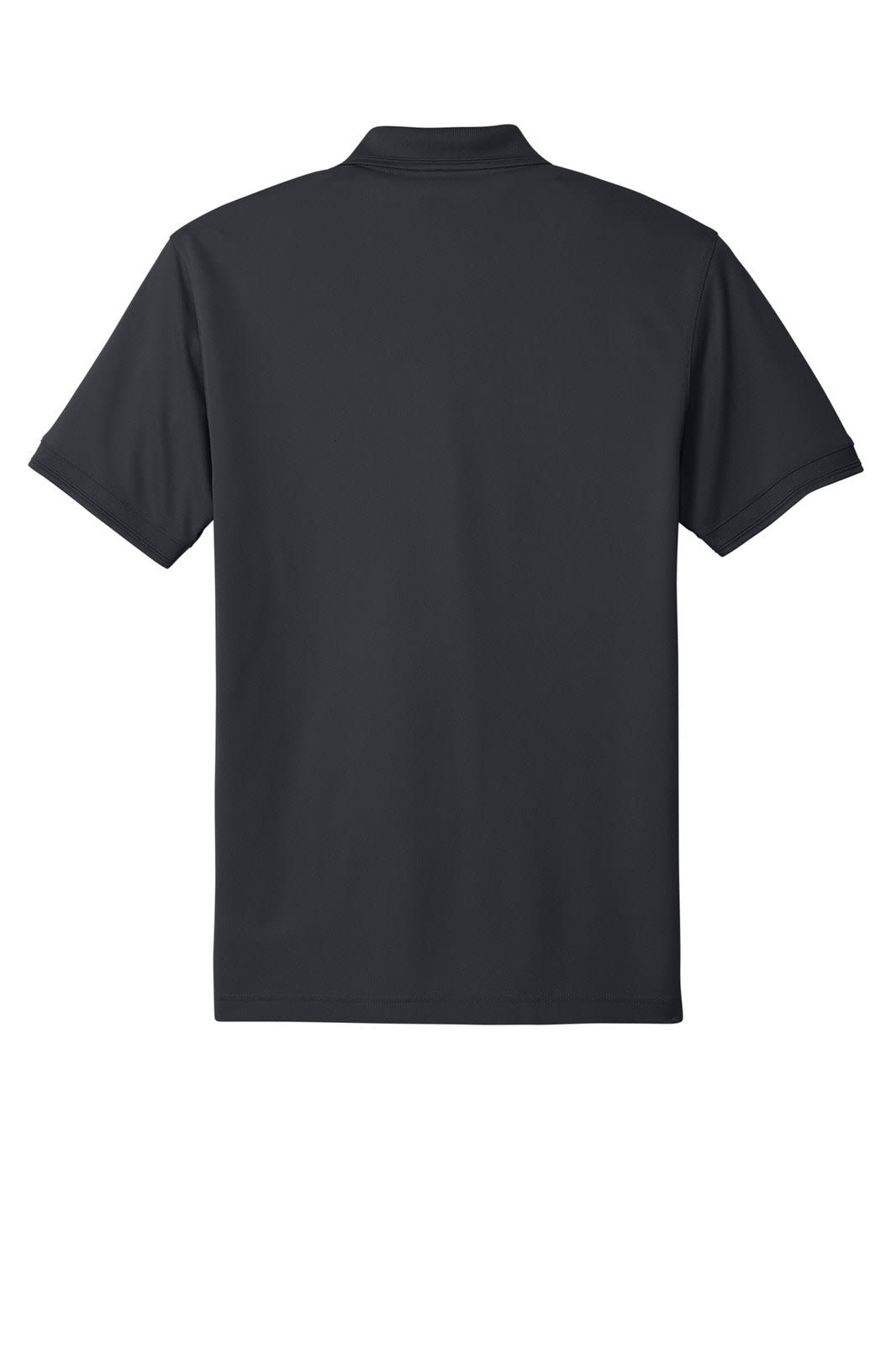 A black polo shirt with a collar and short sleeves, featuring a logo on the back.