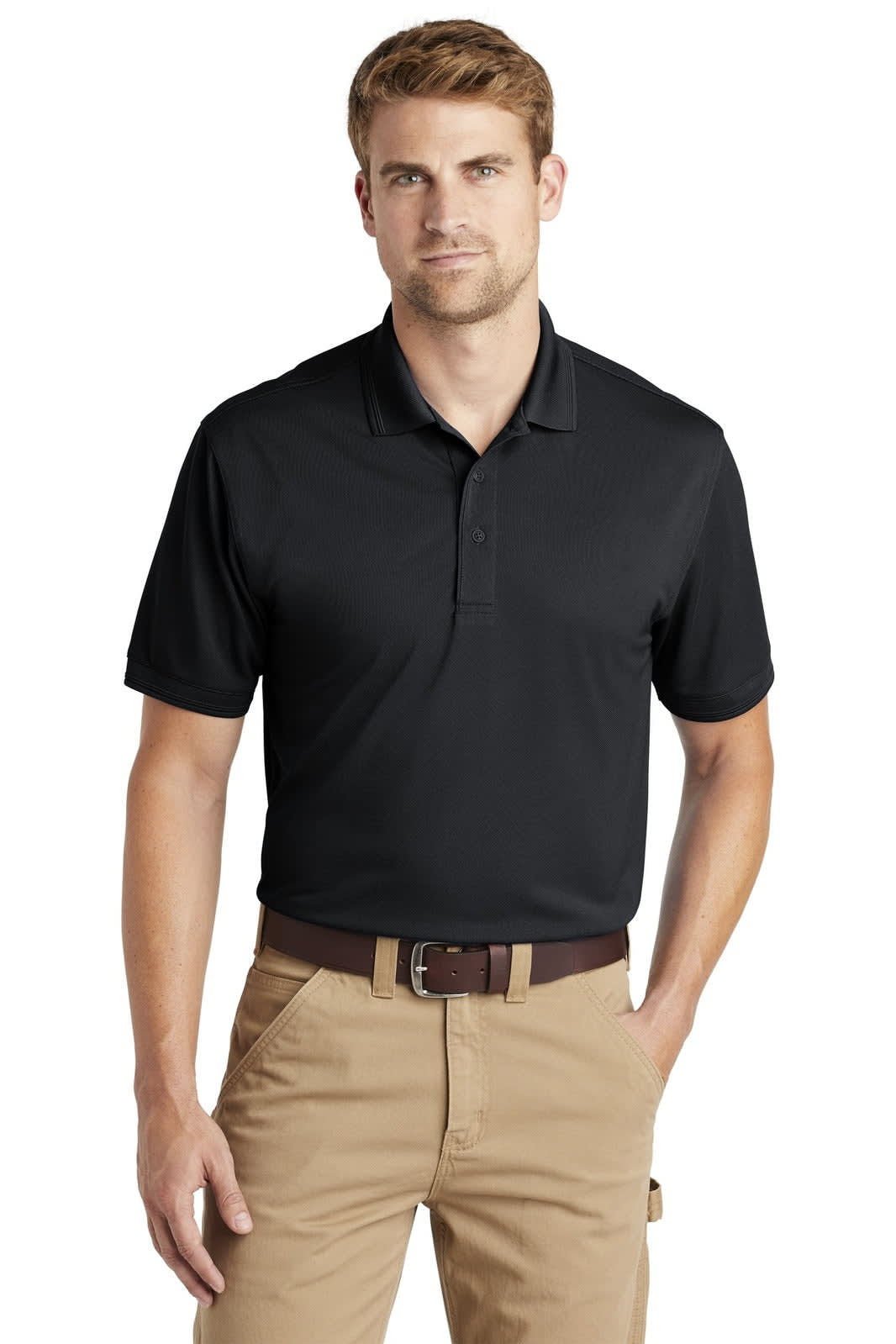 A black polo shirt with a collar, worn by a model paired with beige trousers. The shirt features a logo.
