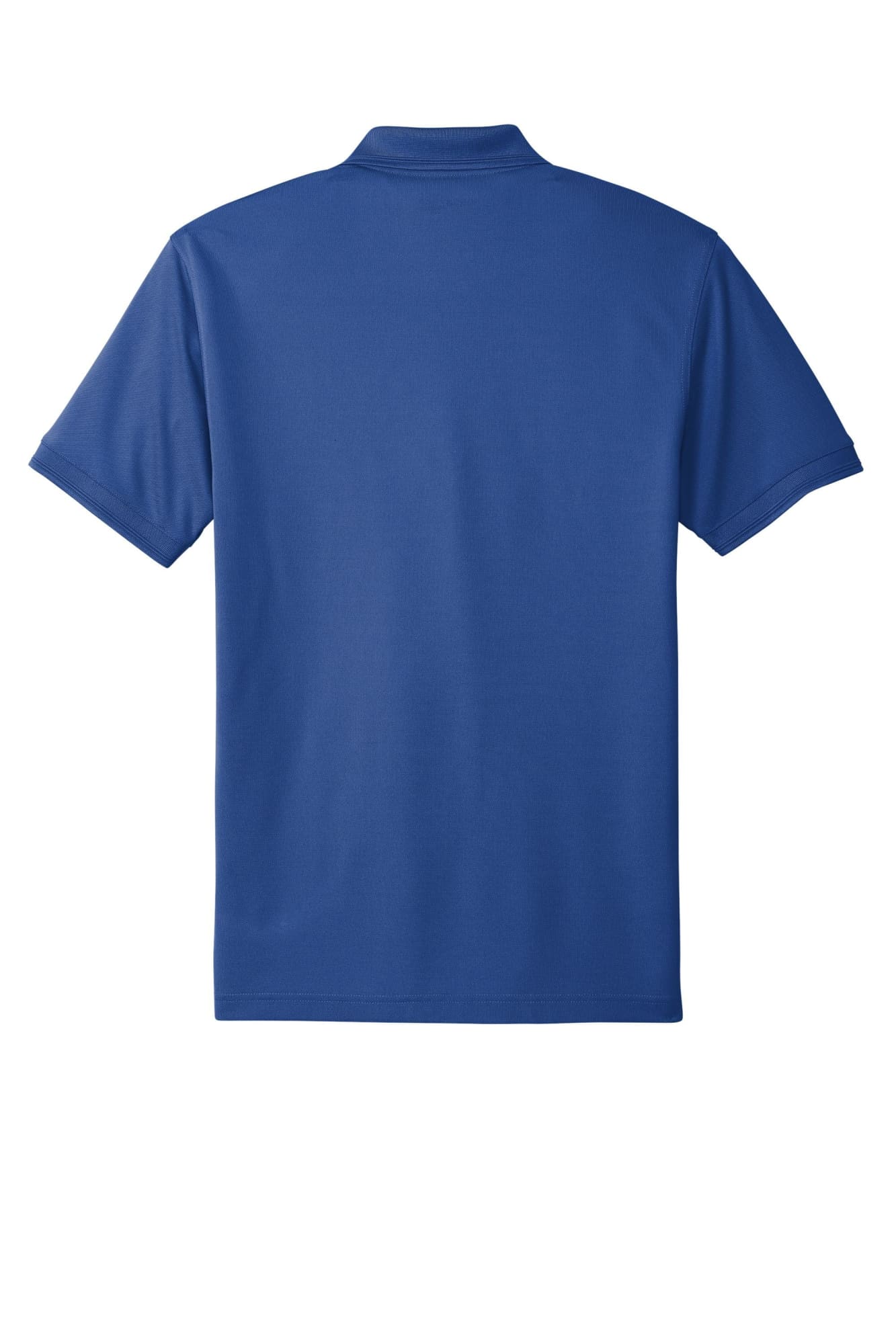 A blue polo shirt with a collar and short sleeves, featuring a logo on the back.