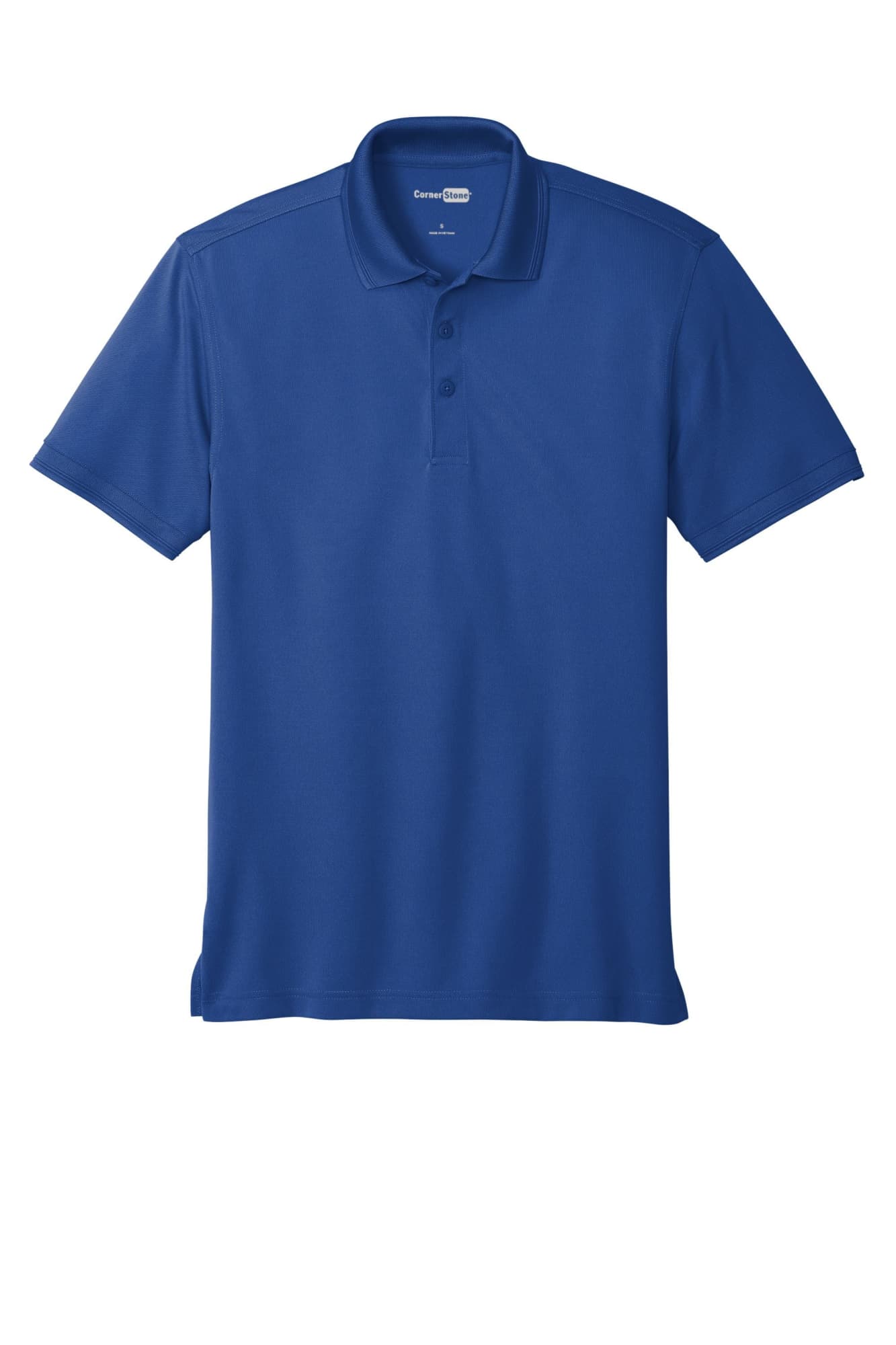 A blue polo shirt featuring a collar, buttons, and a logo on the chest. Suitable for industrial settings.