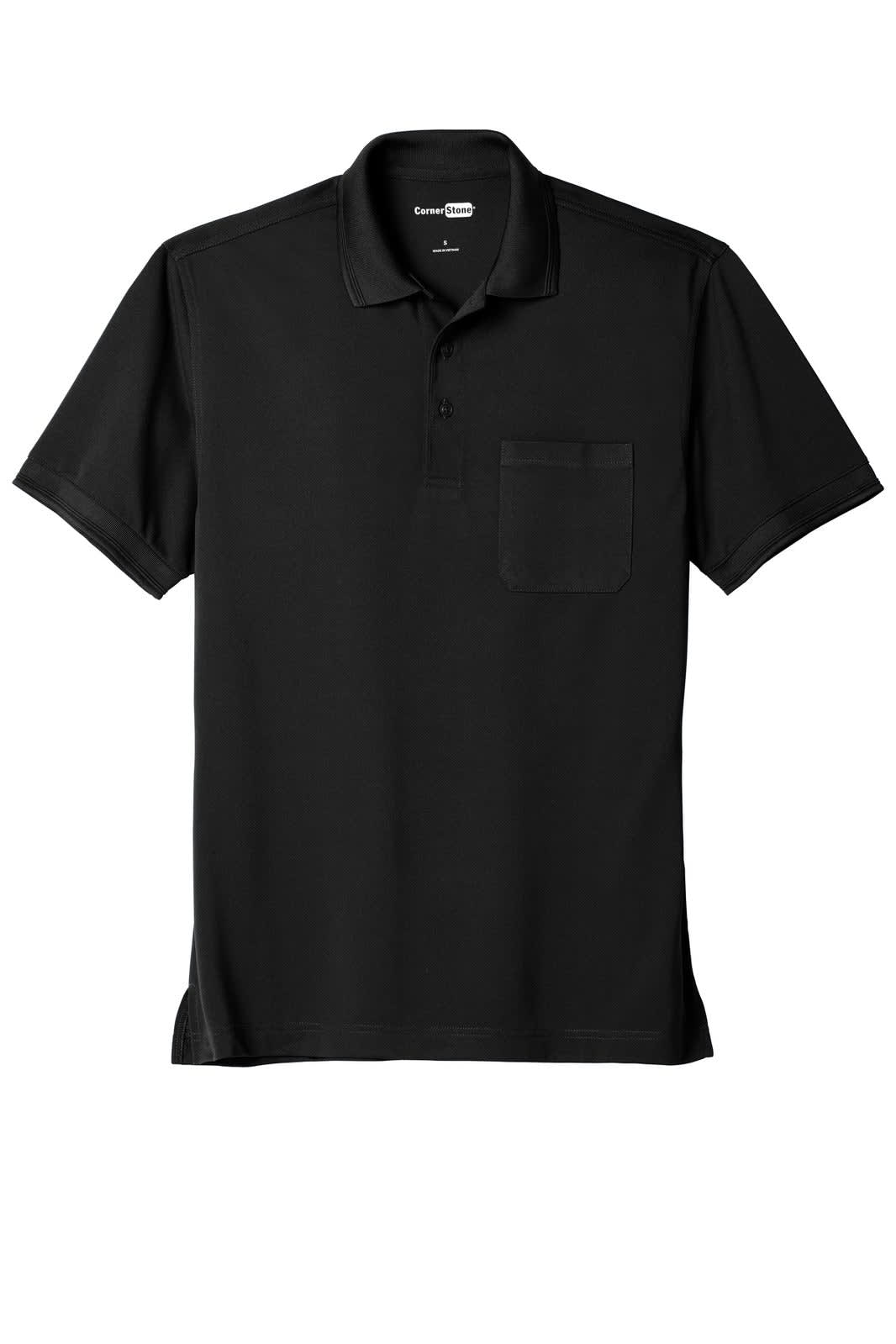 A black polo shirt featuring a pocket and a logo, designed for durability and comfort.