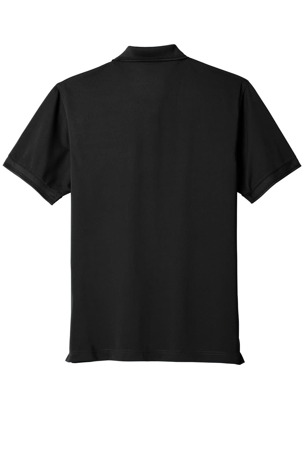 A black polo shirt with a short-sleeve design and a pocket. It features a logo on its surface.