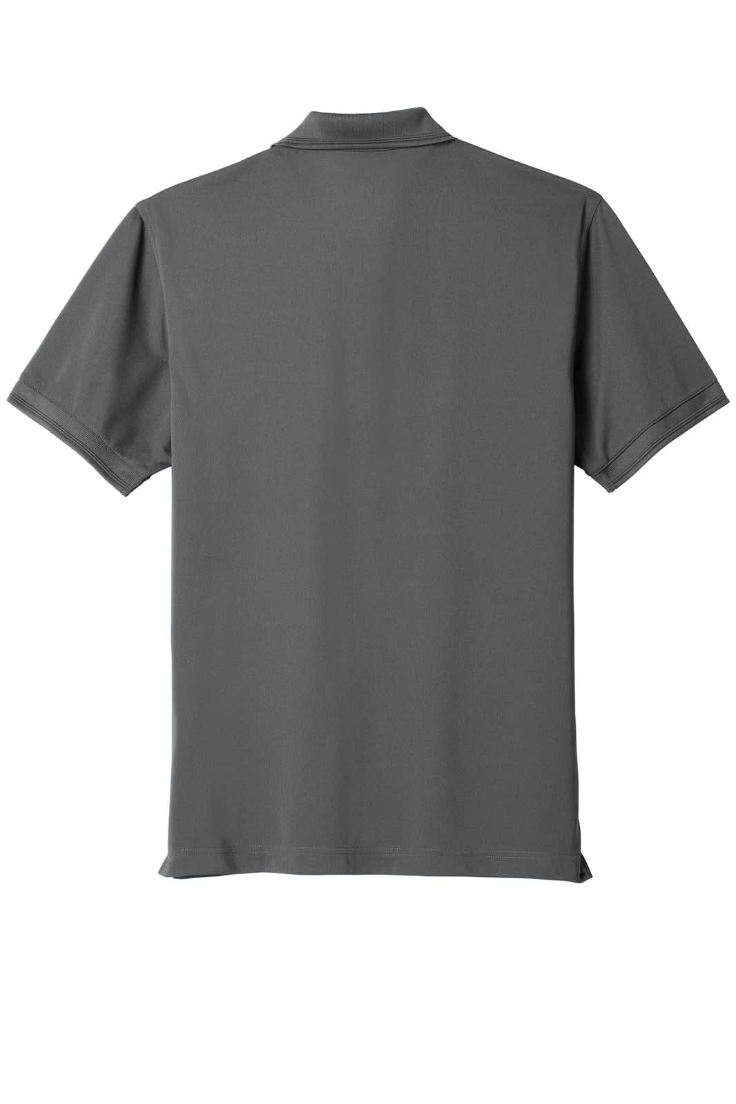 A grey polo shirt with a short sleeve design and a collar, featuring a logo on the back.