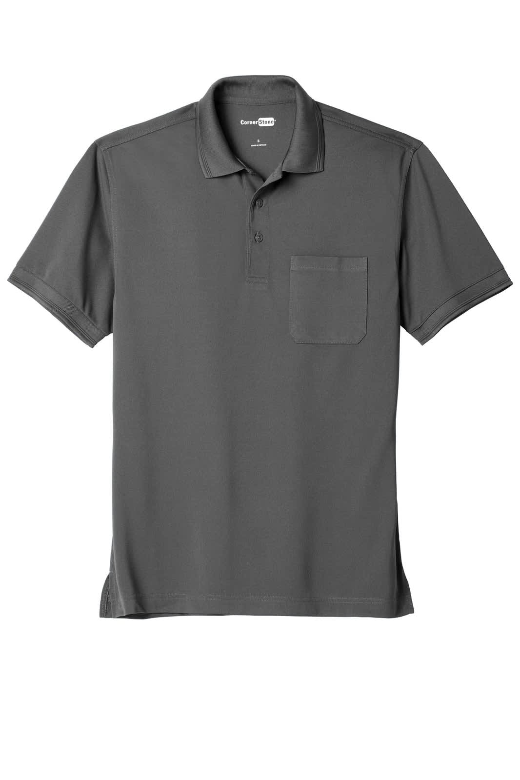 A grey polo shirt featuring a pocket, made from snag-proof pique fabric, with a branding logo.