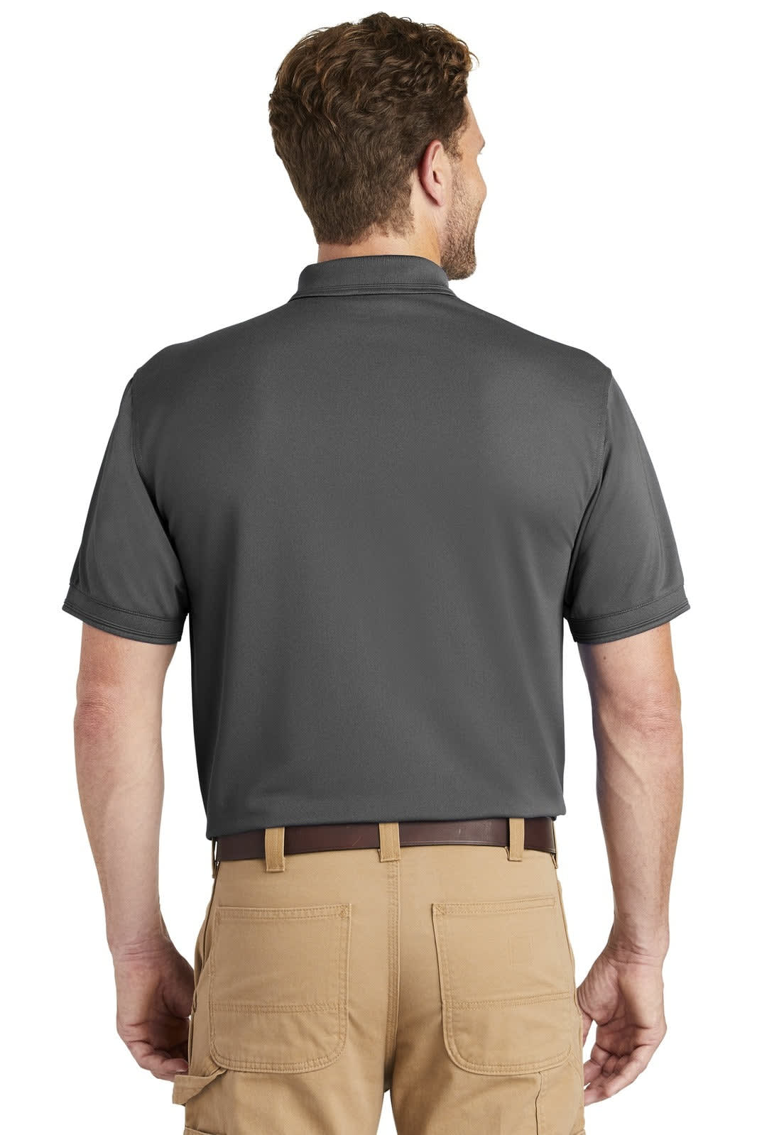 A grey polo shirt viewed from the back, featuring short sleeves and a collar, with a logo on the left side.