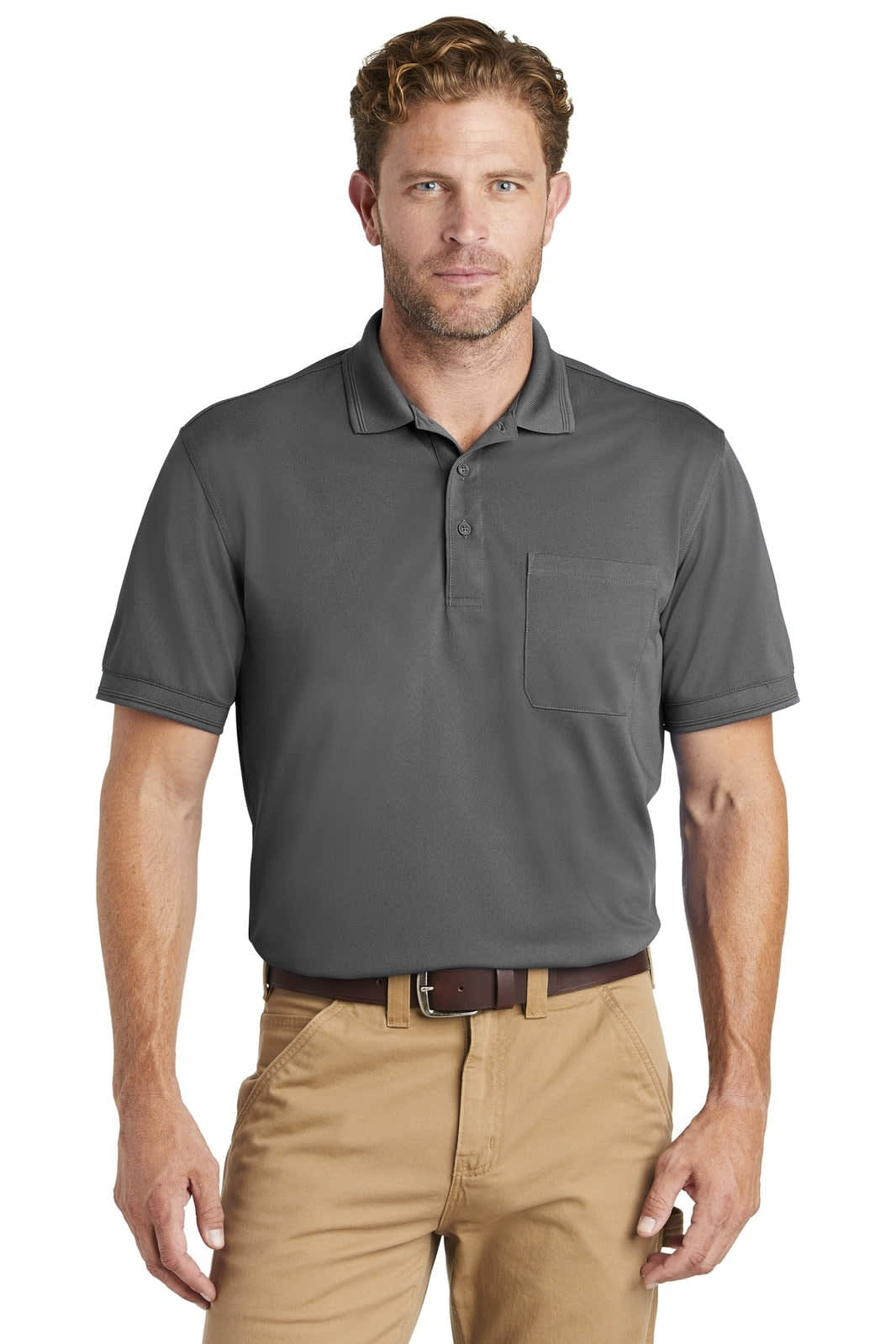 A grey polo shirt with a pocket, featuring a standard collar and short sleeves. It has a logo on it.