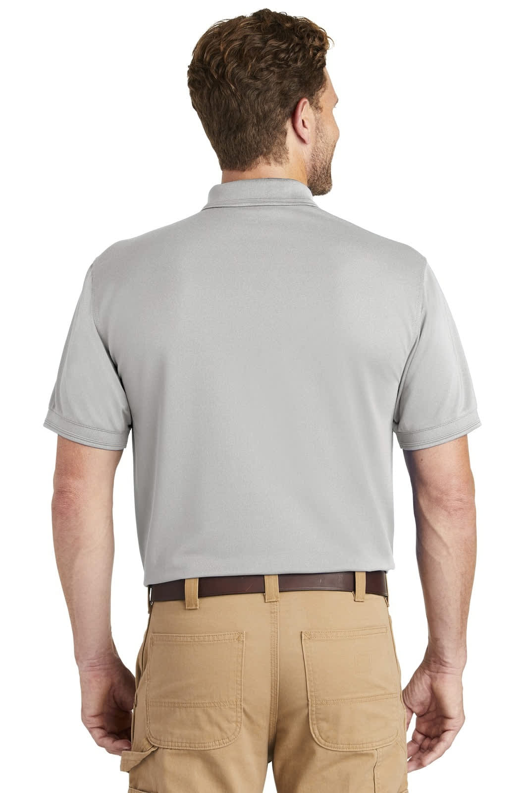 A grey industrial snag-proof pique pocket polo shirt, featuring a logo, viewed from the back.