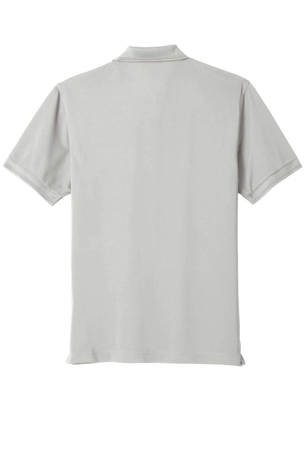 A grey polo shirt featuring a classic design and a pocket, with a logo present.