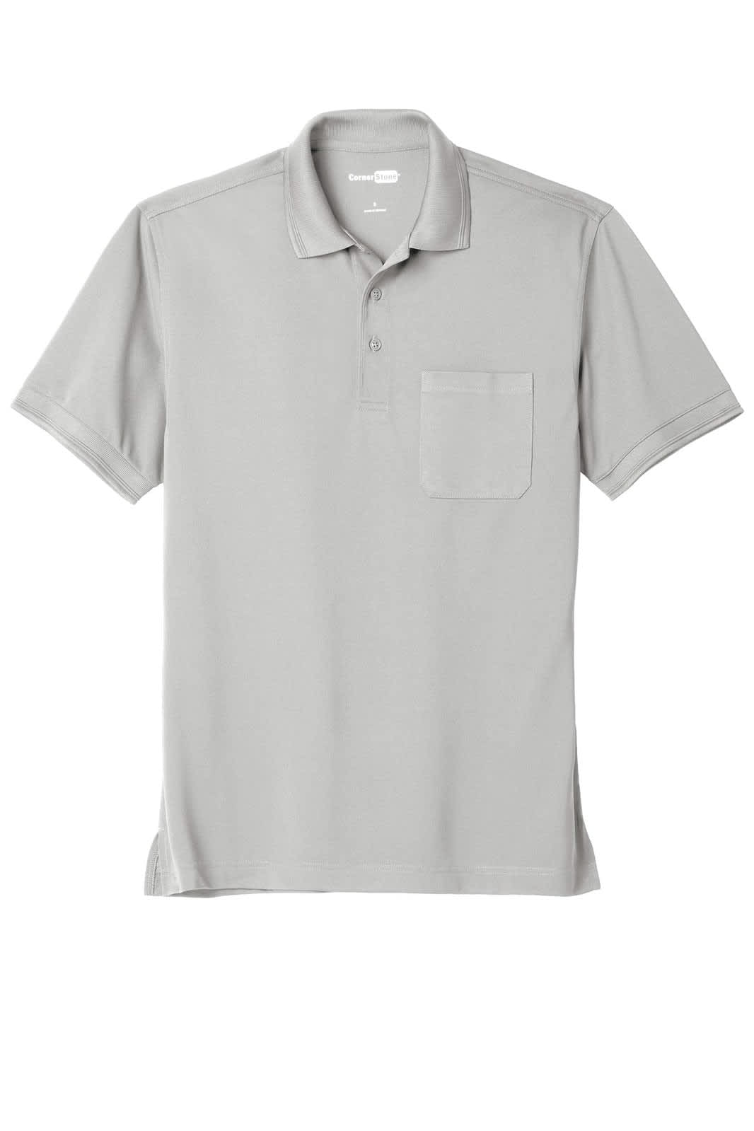 A grey polo shirt featuring a pocket and a logo, designed from snag-proof pique fabric.