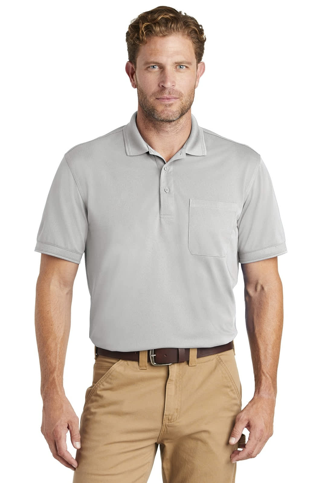 A light grey snag-proof pique pocket polo shirt with a collar and short sleeves, featuring a chest pocket.