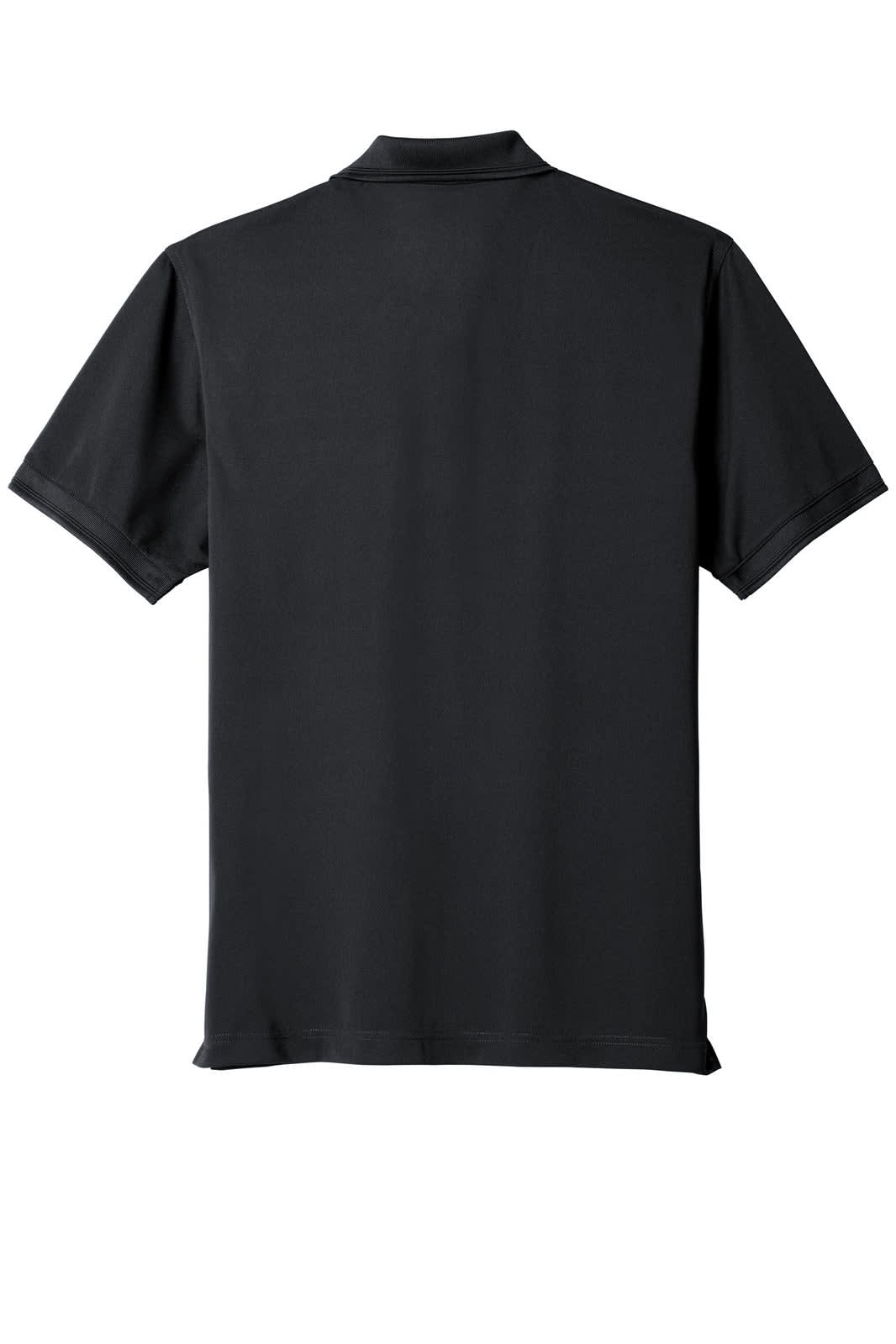 A black polo shirt featuring a snag-proof pique fabric and a pocket, with a logo on the chest.