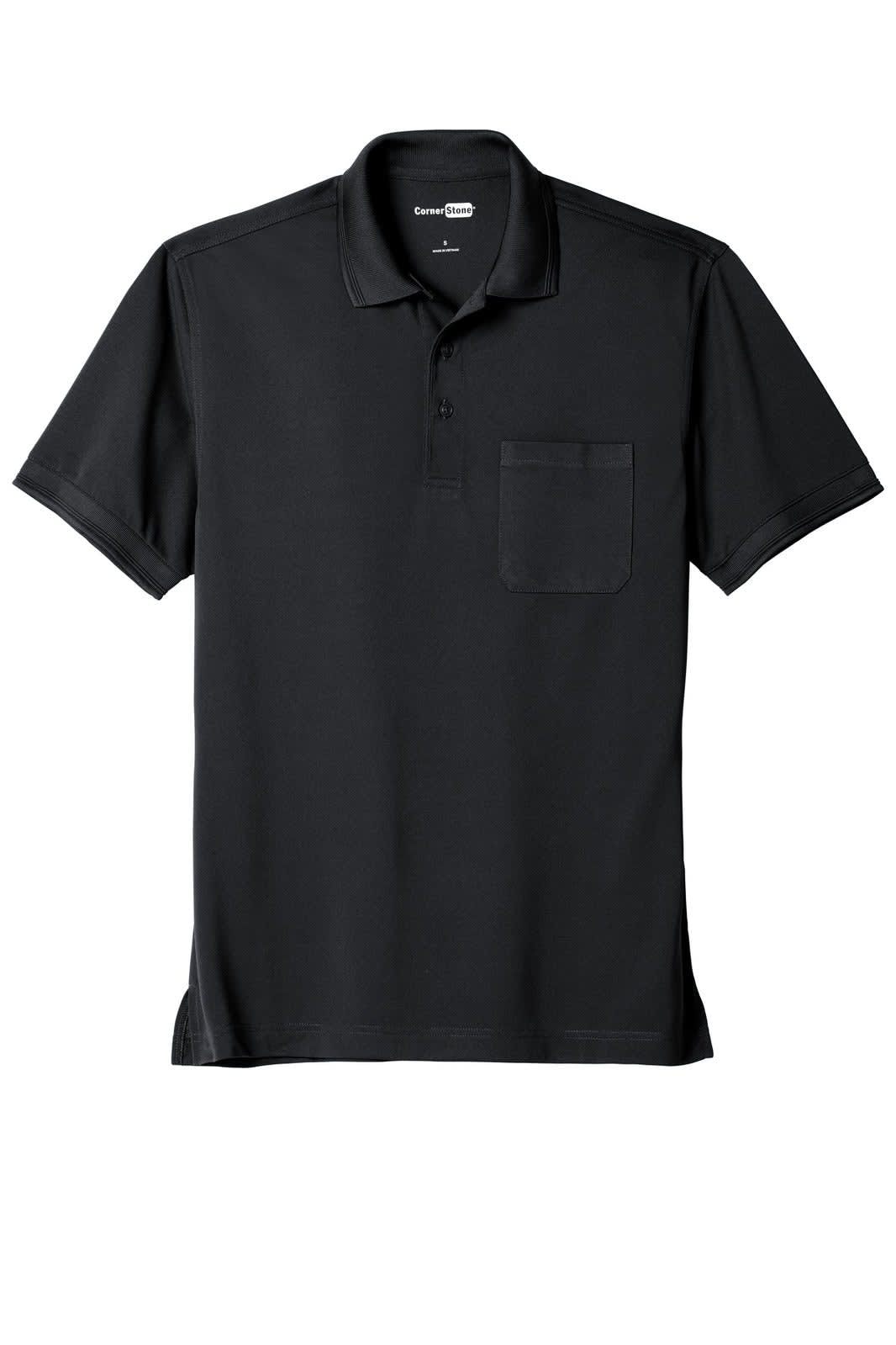A black polo shirt with a pocket and a logo, featuring a snag-proof pique fabric texture.