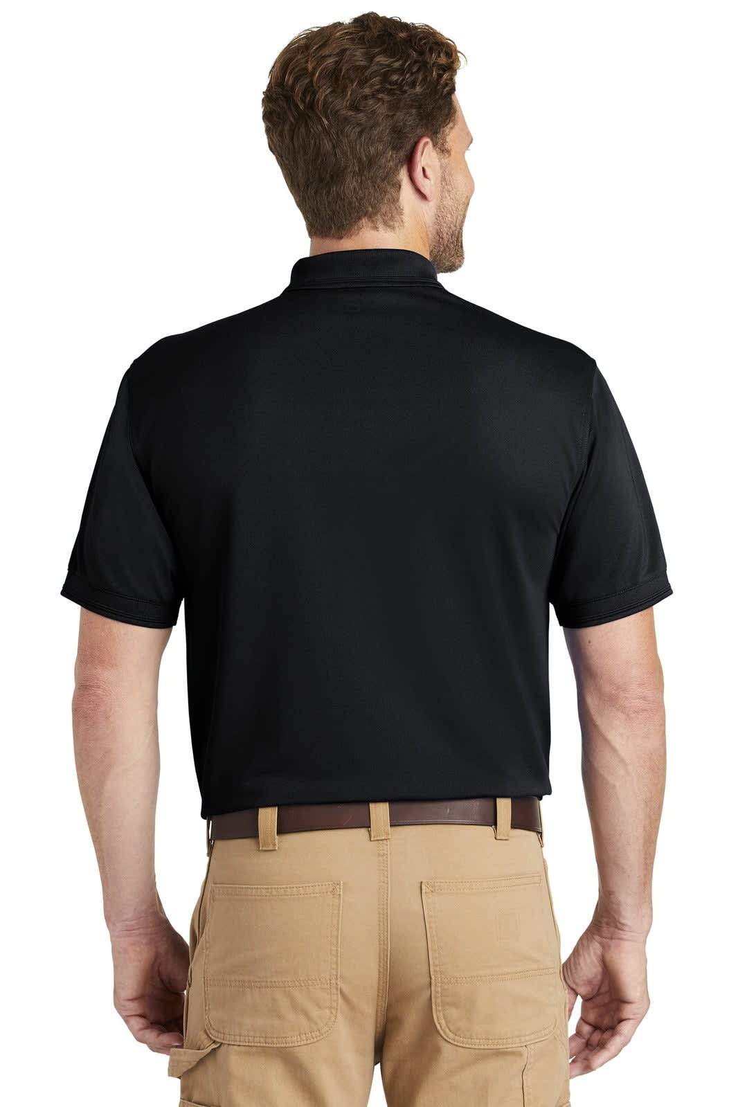 A black polo shirt featuring a collar and short sleeves, shown from the back with a branding logo.