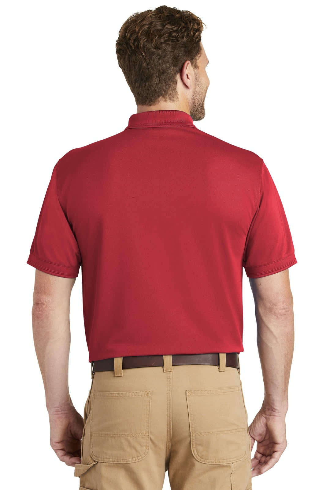 A red polo shirt with a collar, featuring a pocket and a logo, viewed from the back.
