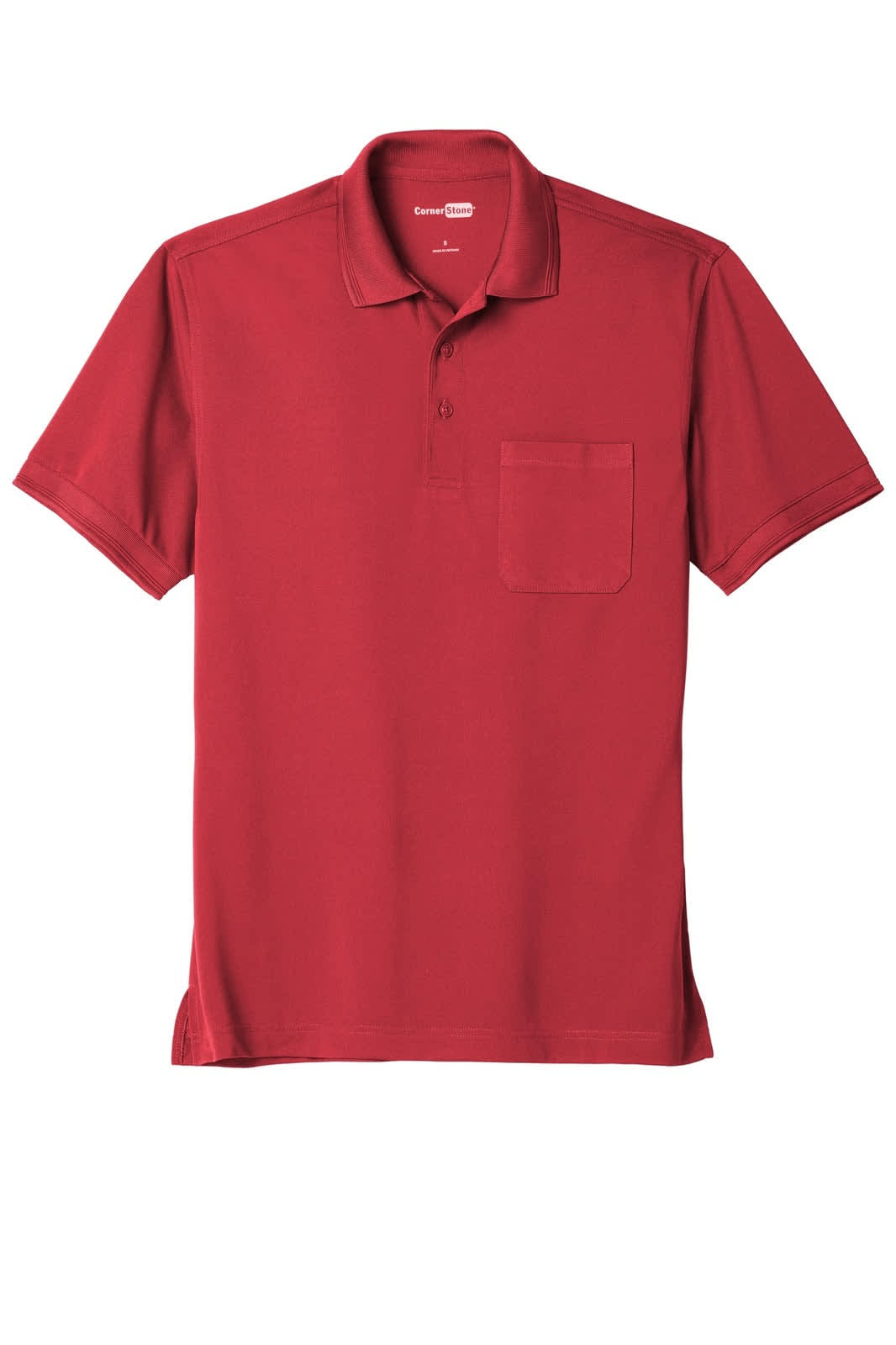 A red polo shirt featuring a pocket and a collar, with a logo on one side.