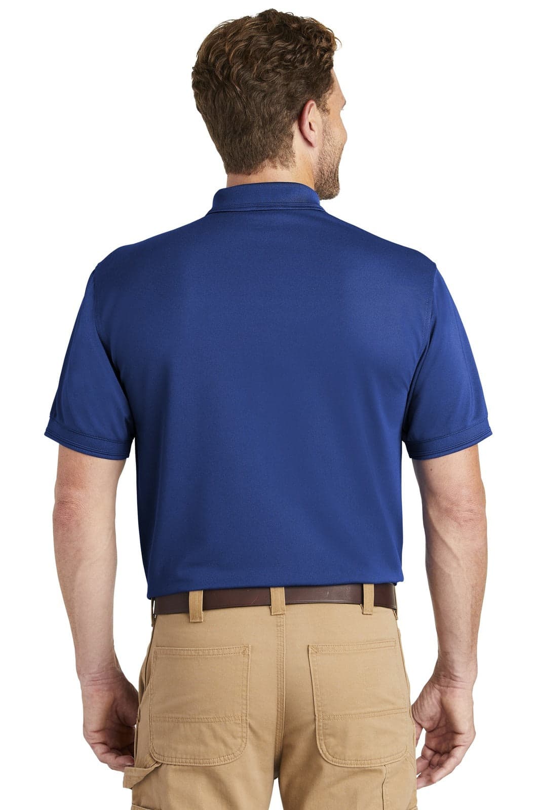 A navy blue polo shirt featuring a pocket, shown from the back, with a logo on the upper left.