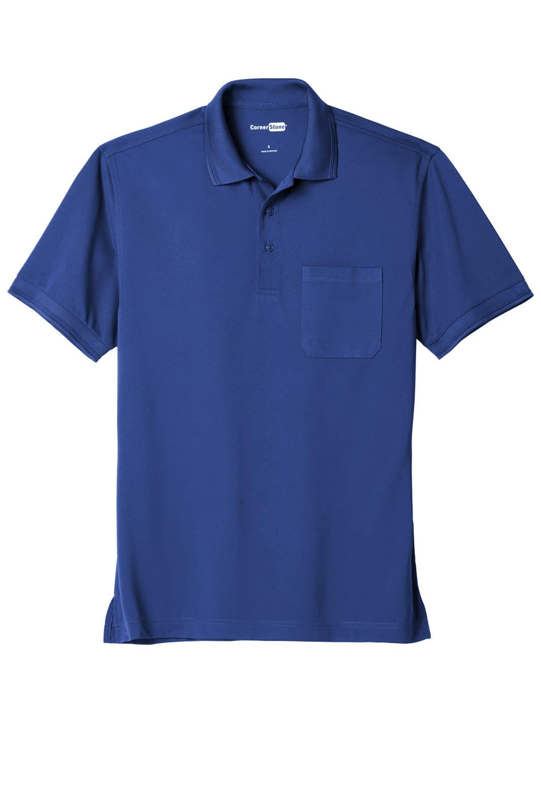 A blue polo shirt with a pocket, featuring a collar and short sleeves. It has a logo on the chest.
