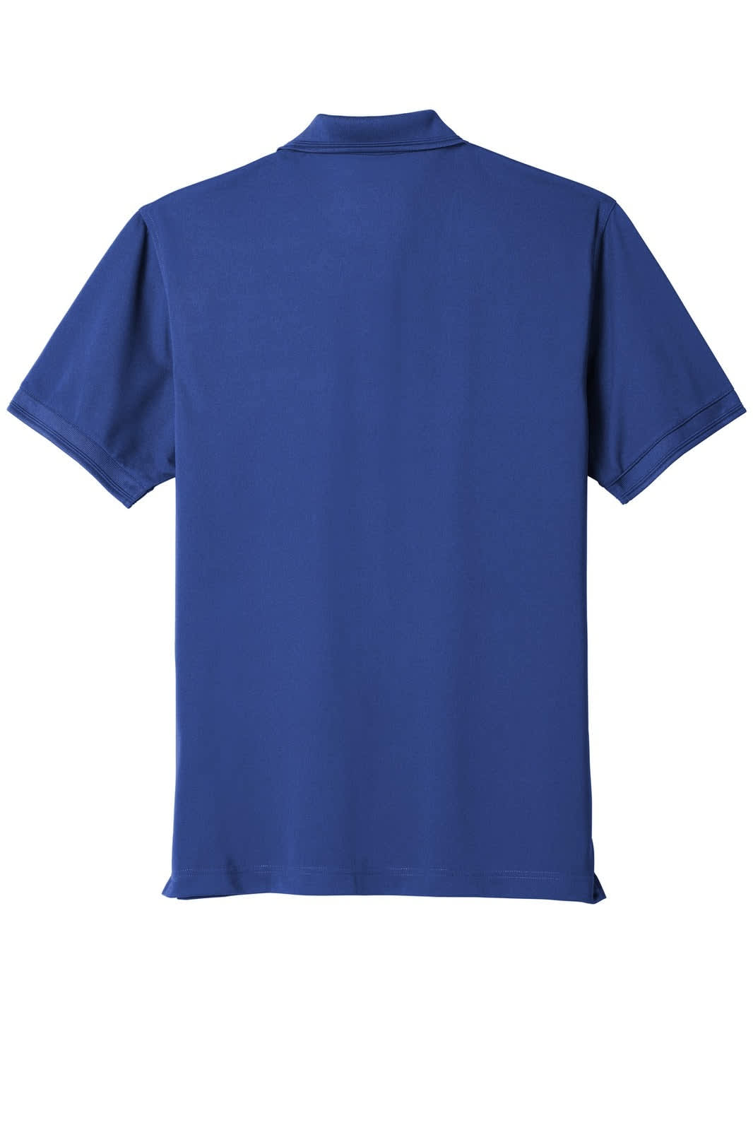 A blue polo shirt featuring a snag-proof pique fabric and a pocket, with a logo on the front.