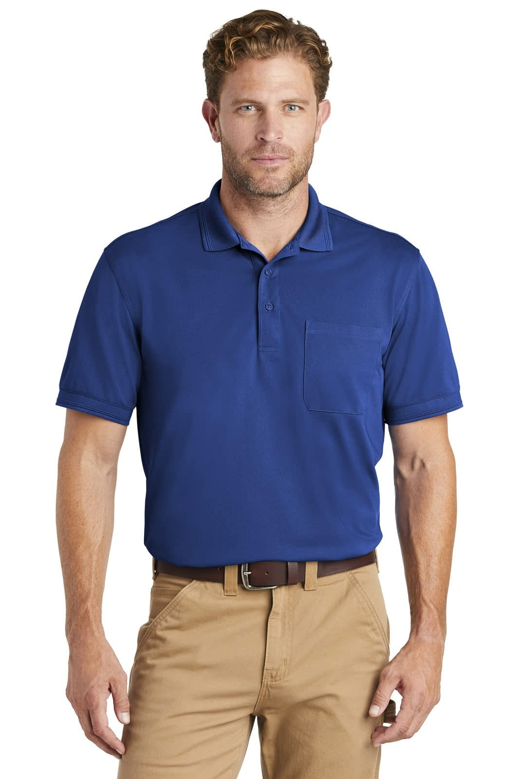 A blue polo shirt features a pocket, short sleeves, and a collar, accompanied by a model wearing khaki trousers.
