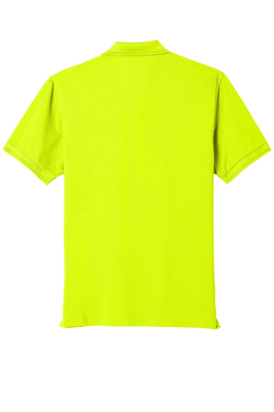 A bright yellow polo shirt featuring short sleeves and a collar, with a logo on the back.