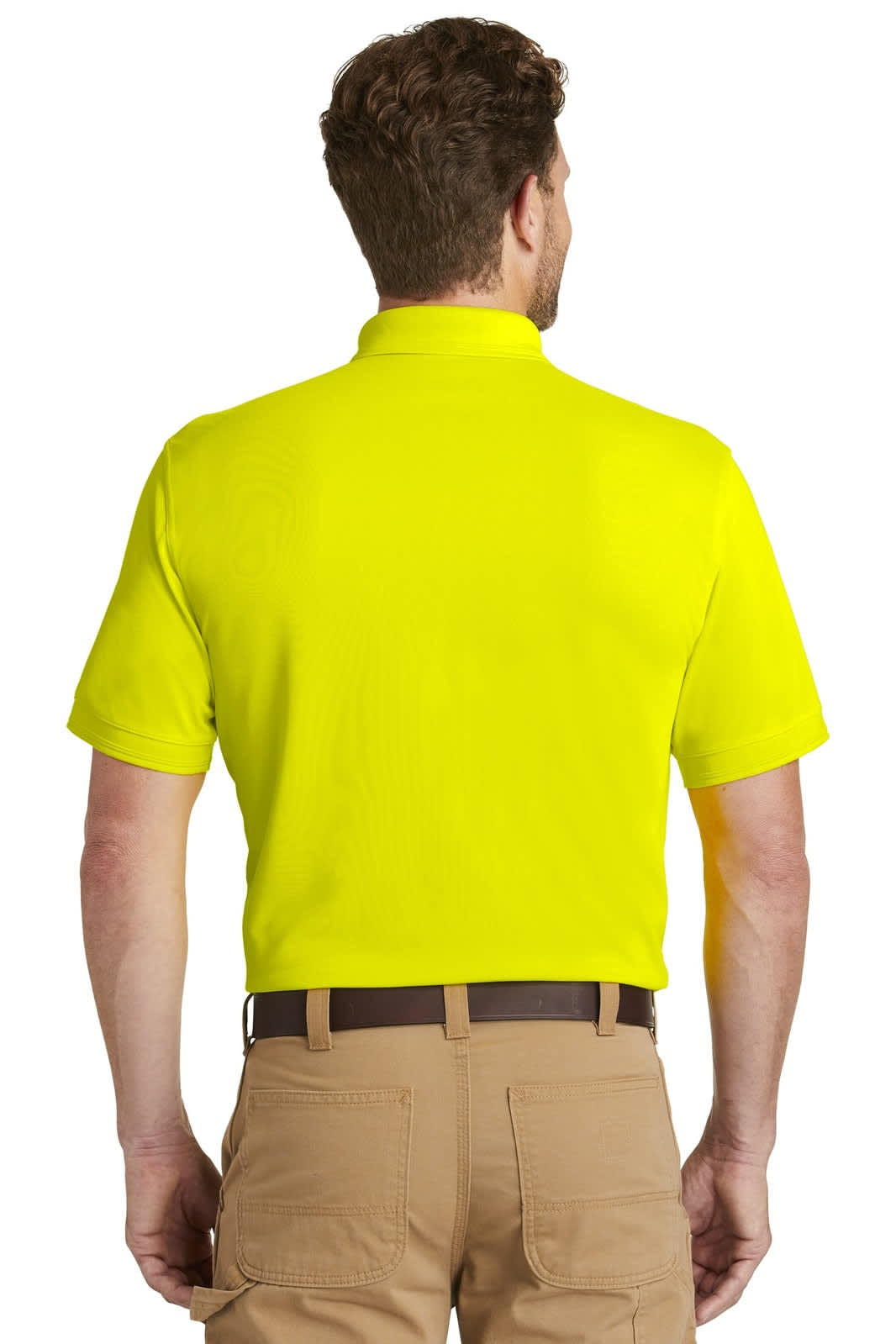 A bright yellow industrial snag-proof pique pocket polo shirt viewed from the back, featuring a logo.
