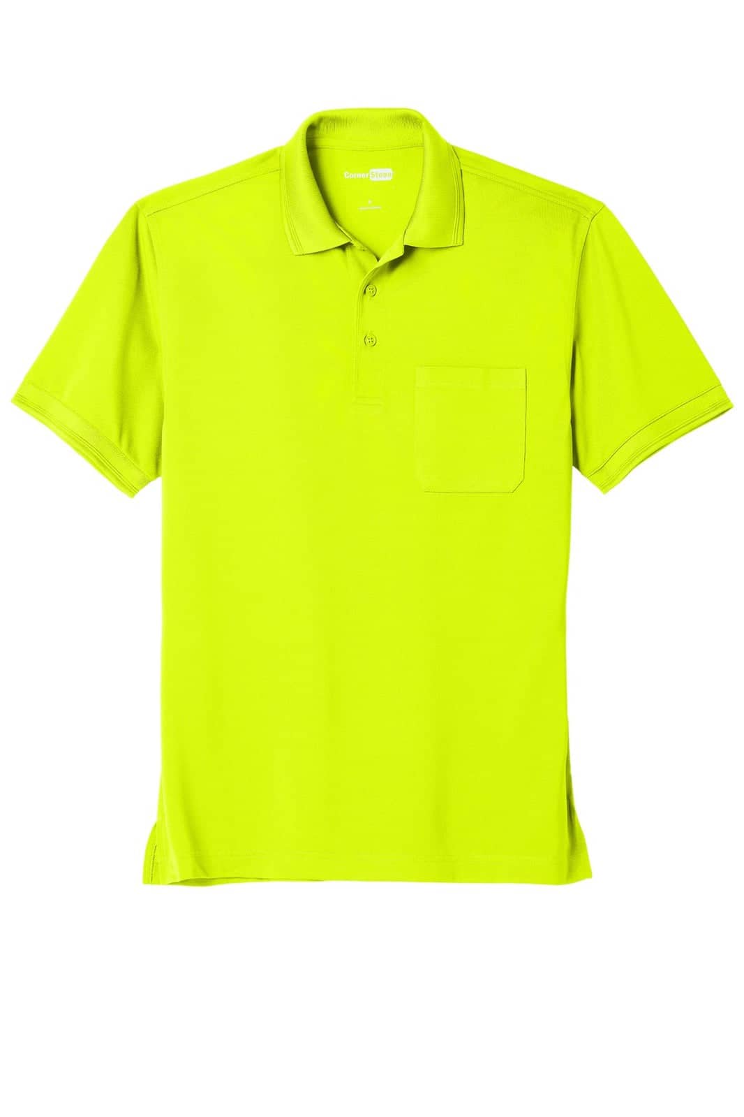 A bright yellow polo shirt with a pocket, featuring a collar and short sleeves. It has a logo on it.