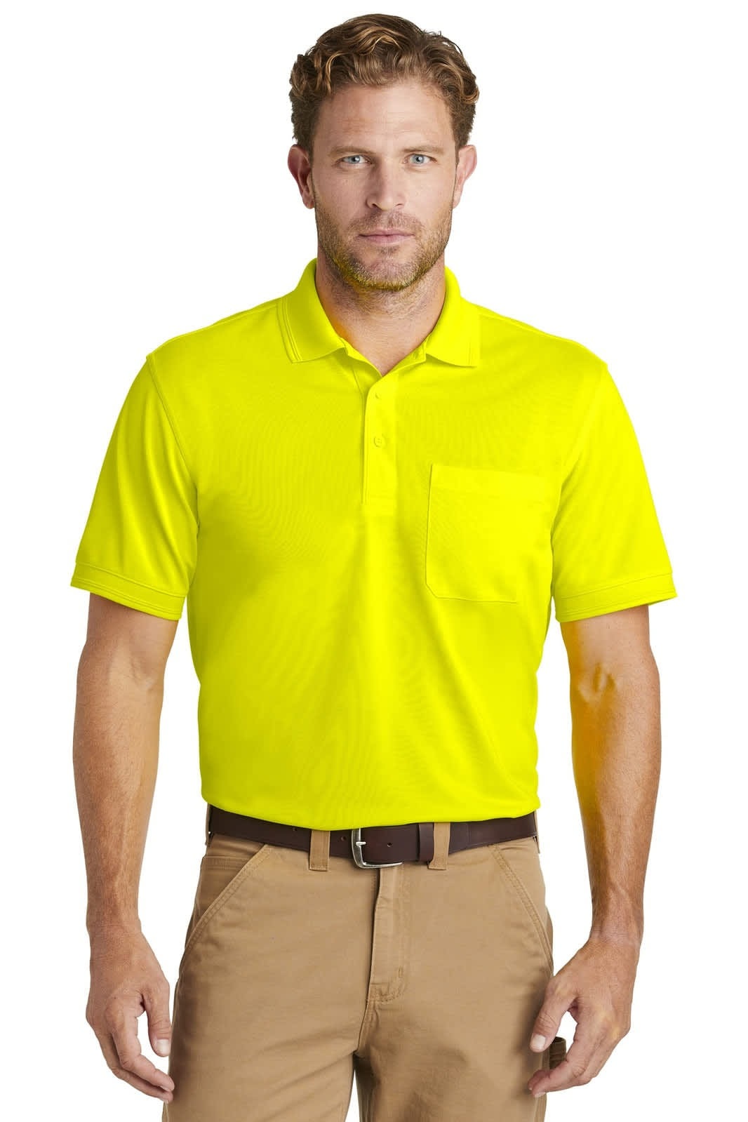A bright yellow polo shirt featuring a pocket and a logo. Suitable for industrial use.