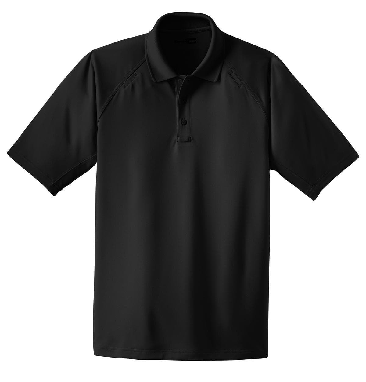 A black tactical polo shirt with a collar and short sleeves, featuring a logo on the chest area.