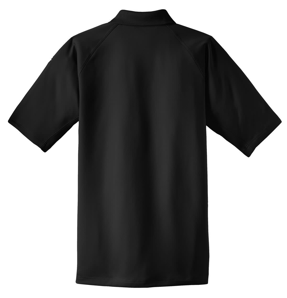 A black polo shirt featuring a snag-proof design and a logo on the back.