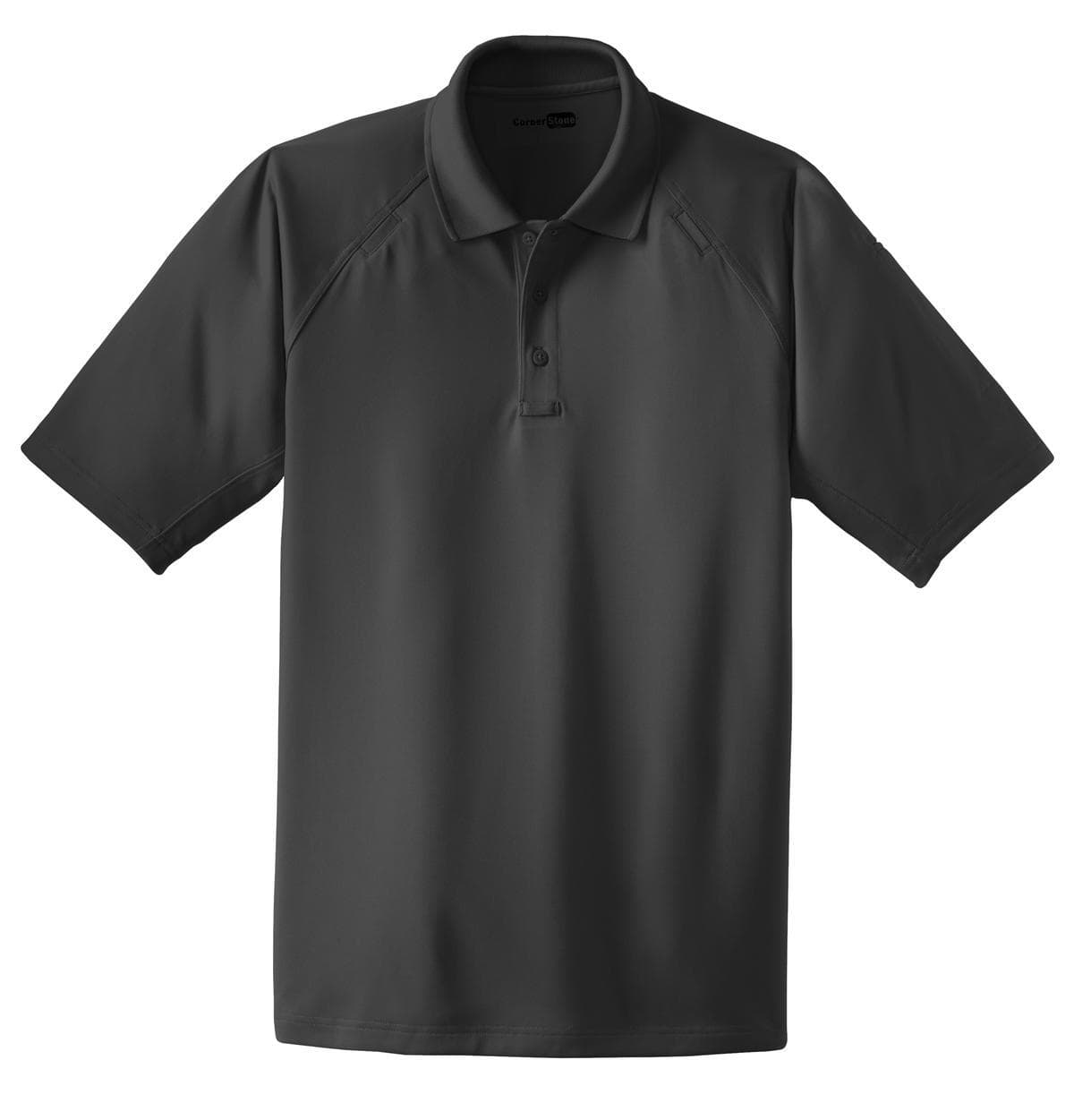 A dark grey polo shirt with a classic collar and short sleeves, featuring a logo on the chest area.