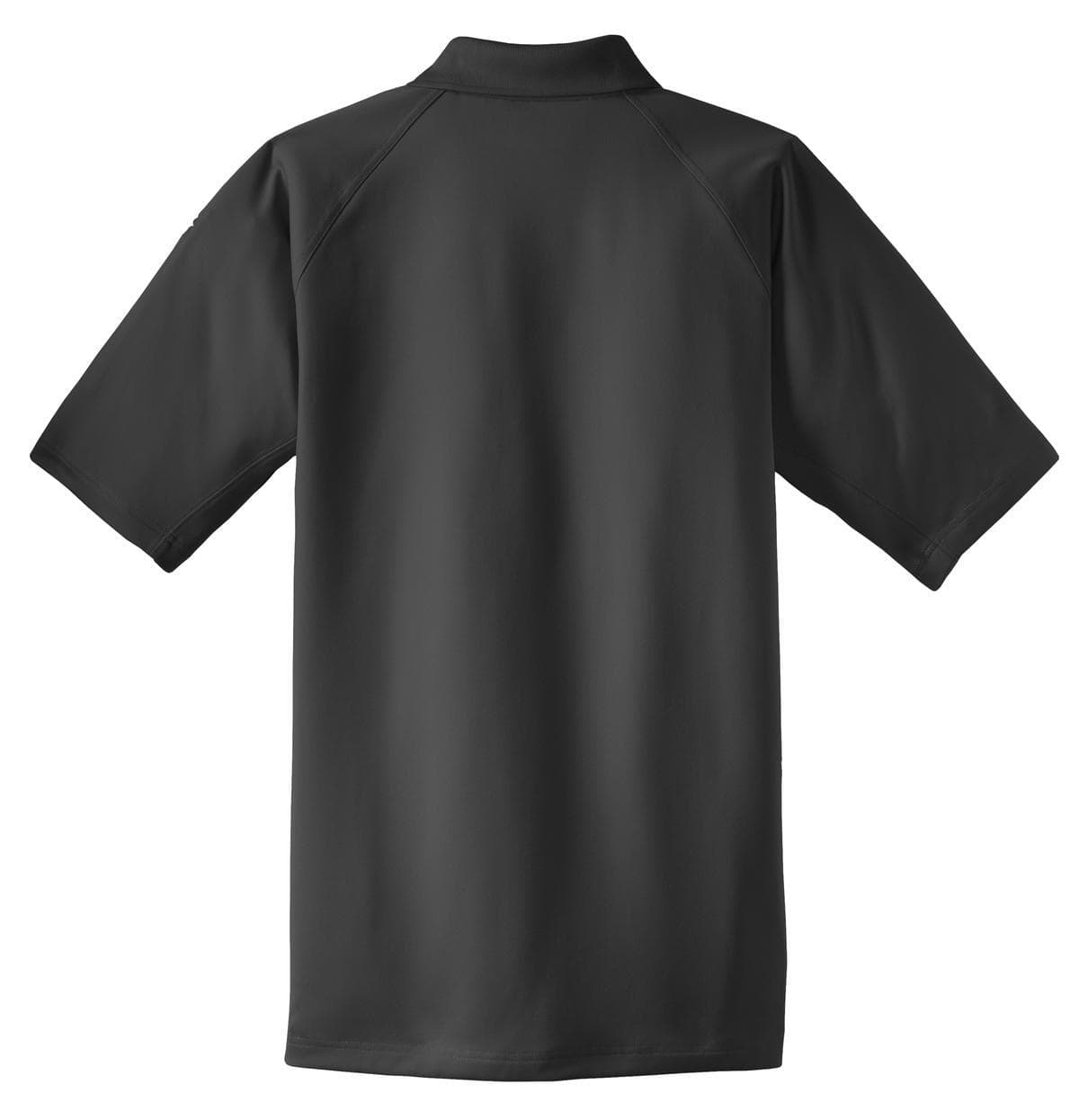 A black tactical polo shirt with short sleeves and a collared design, featuring a logo on the upper sleeve.