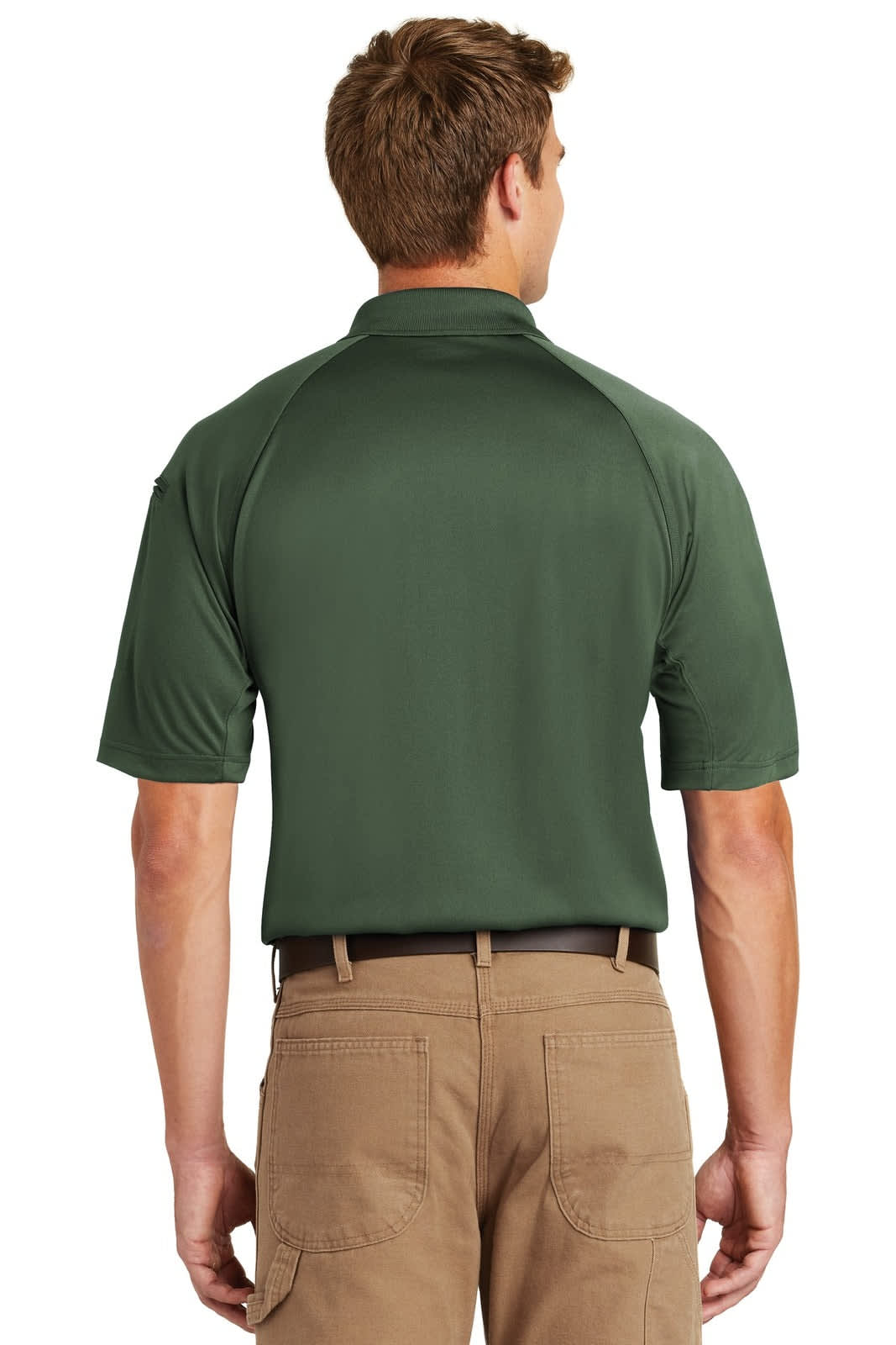 A man wearing a dark green snag-proof tactical polo shirt, seen from the back, with short sleeves and a collar.