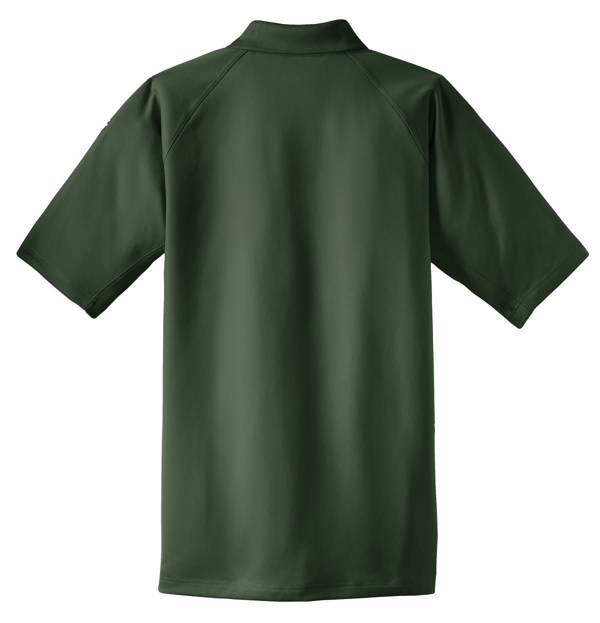 A dark green snag-proof tactical polo shirt featuring short sleeves and a collar, with a logo on the side.