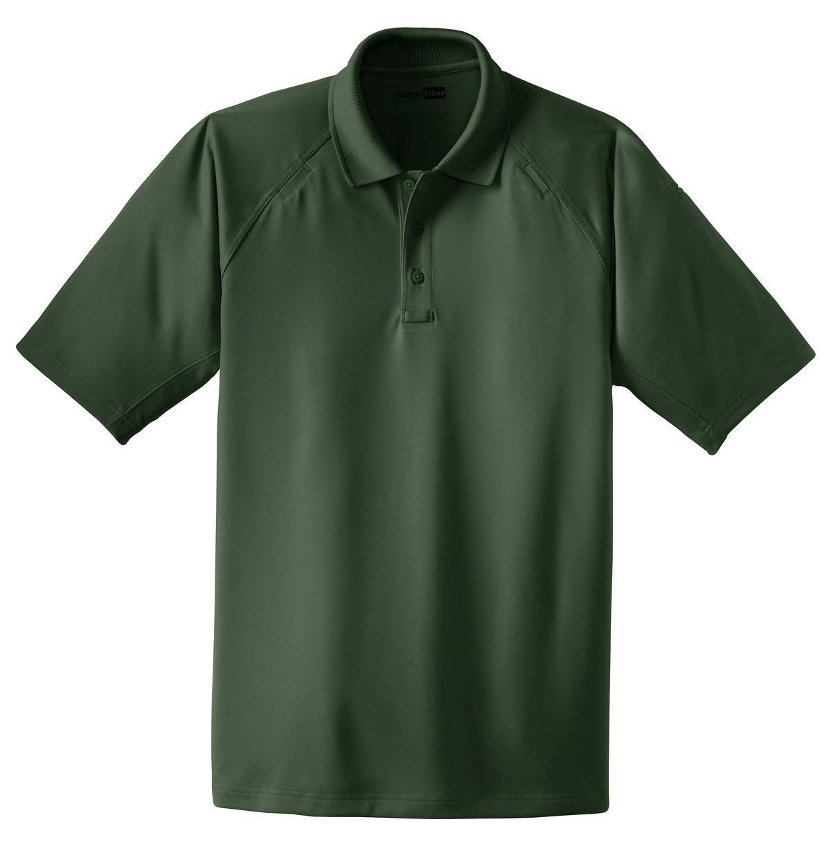 A green snag-proof tactical polo shirt featuring a collar and short sleeves, with a logo on the chest.