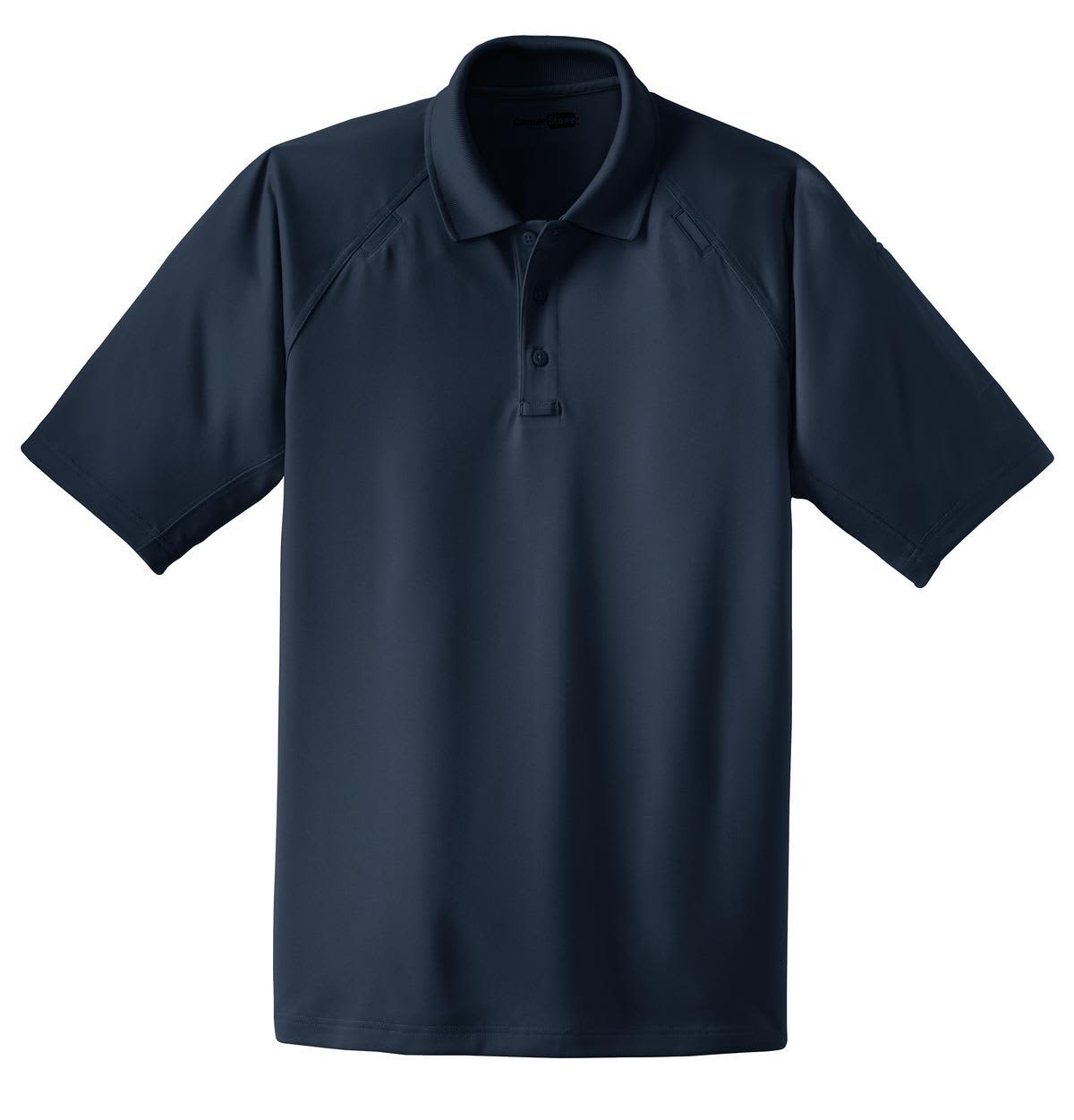 A navy polo shirt with short sleeves and a collar, featuring a logo on the chest area.