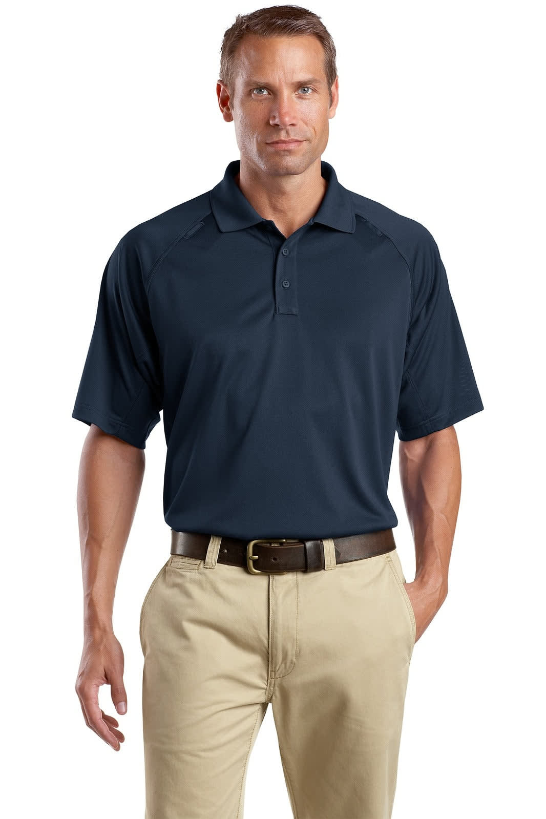 A navy polo shirt with a short sleeve design, featuring a collar and a logo. Worn with khaki trousers.