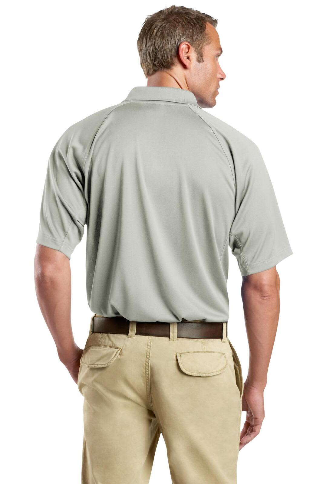 A light grey polo shirt with short sleeves, featuring a logo on the back, worn by a person from behind.