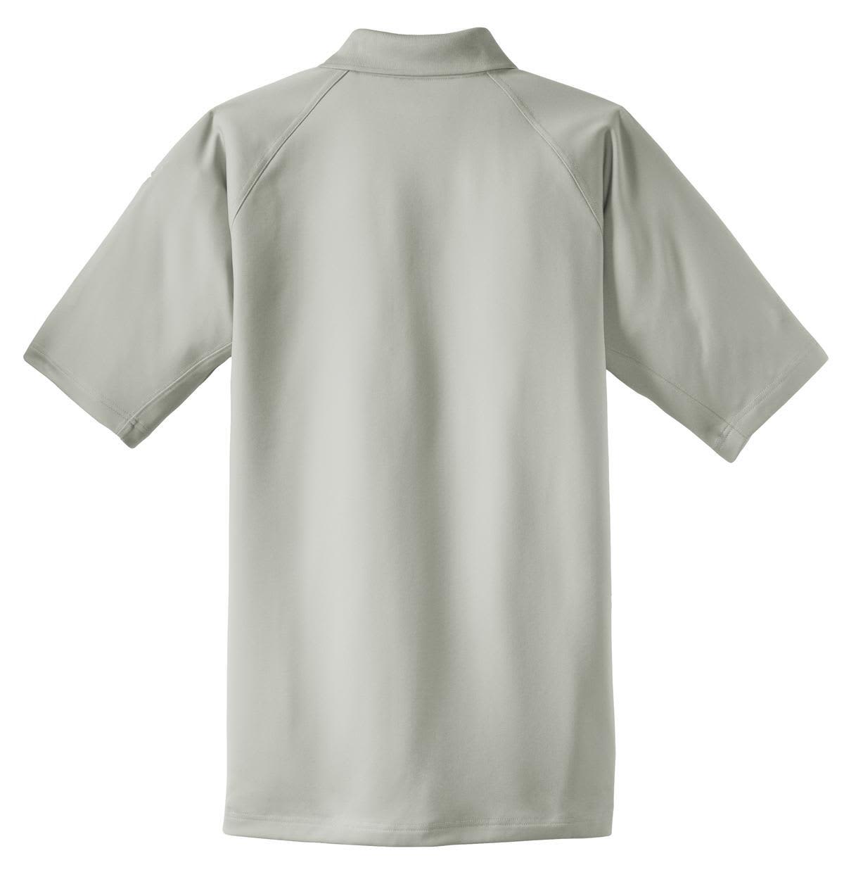 A light grey polo shirt with short sleeves and a collar, featuring a logo on the back.