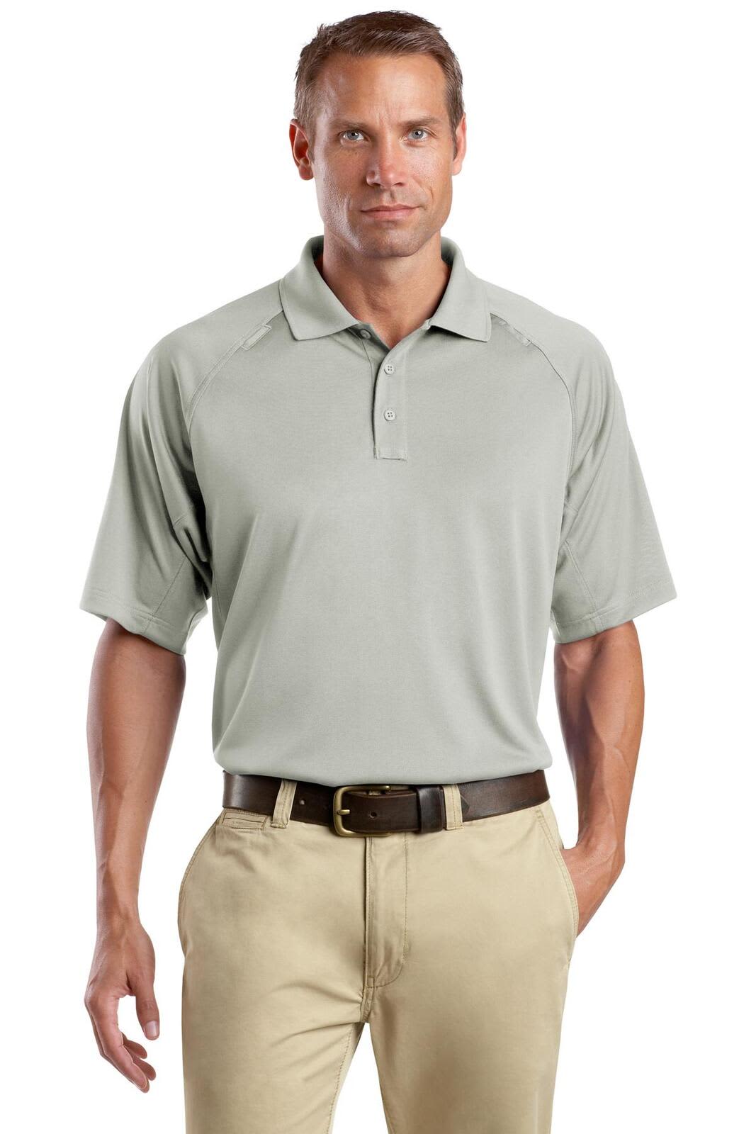 A light grey snag-proof tactical polo shirt, featuring a collar and short sleeves, worn by a man.