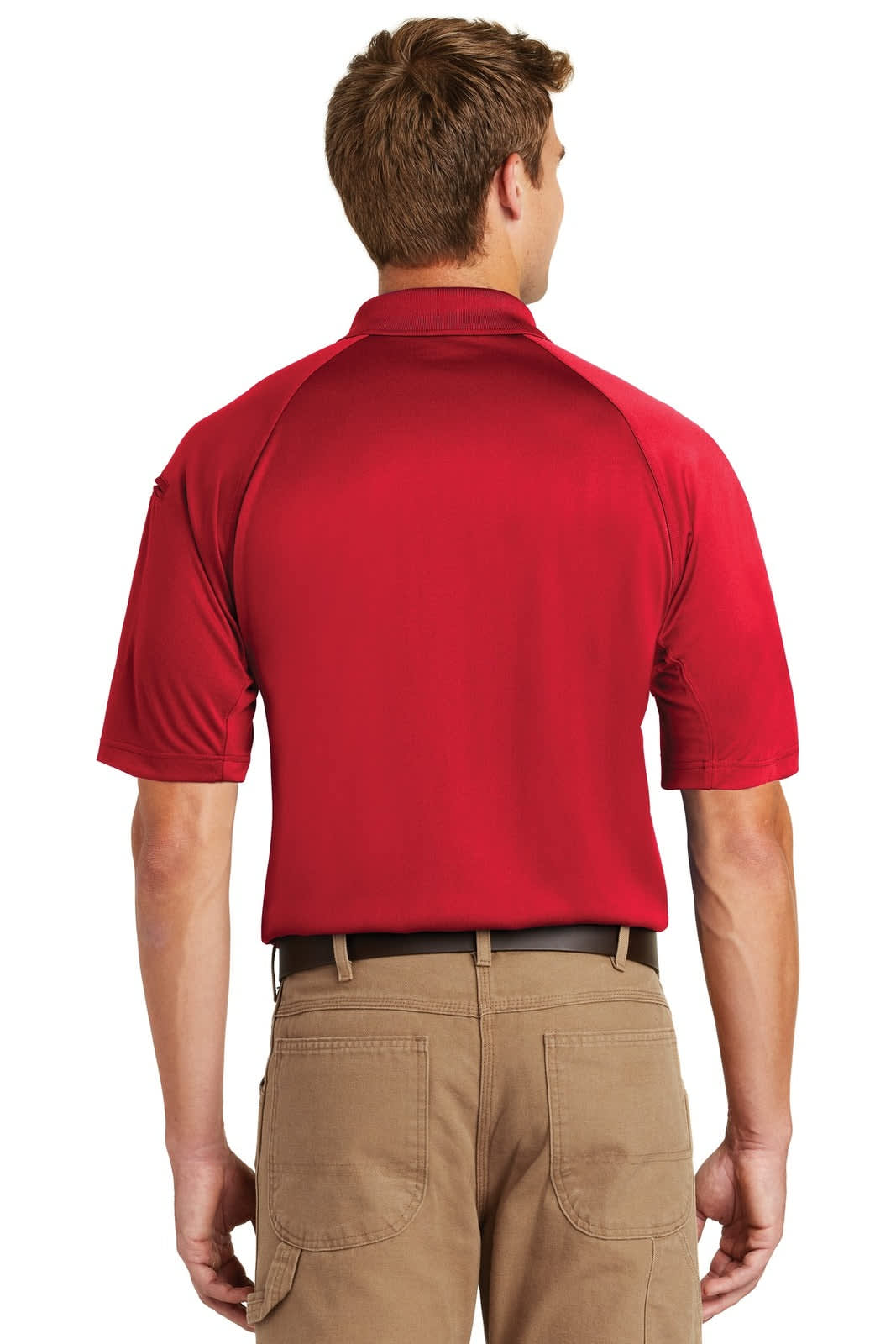 A red tactical polo shirt with short sleeves, featuring a collar and a logo on the back.