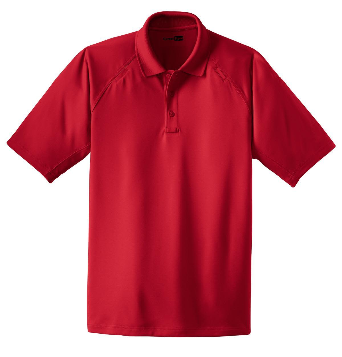 A red polo shirt featuring a classic collar and short sleeves, with a logo on the chest.