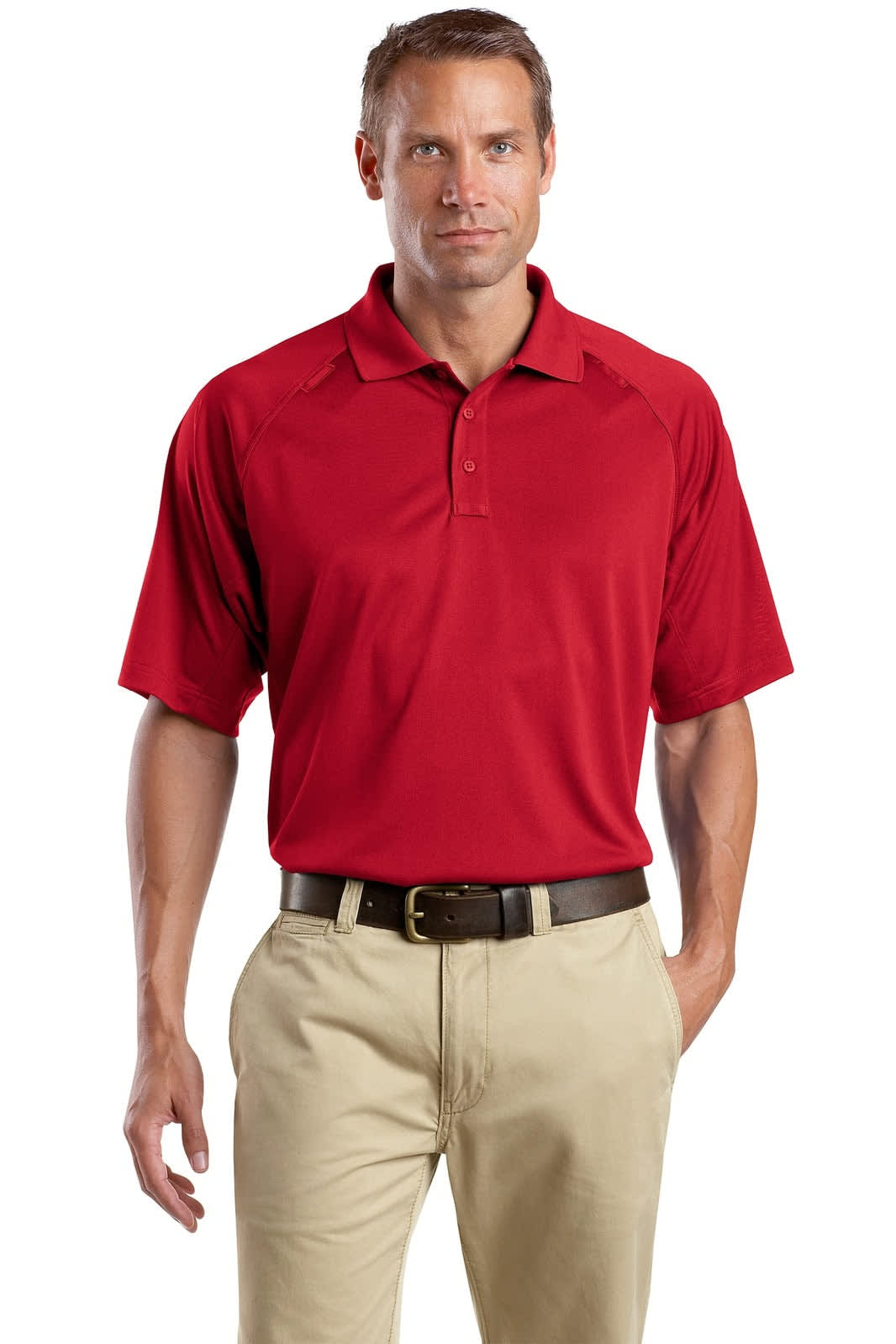 A red snag-proof tactical polo shirt is displayed, featuring a collar and short sleeves, worn with beige trousers.