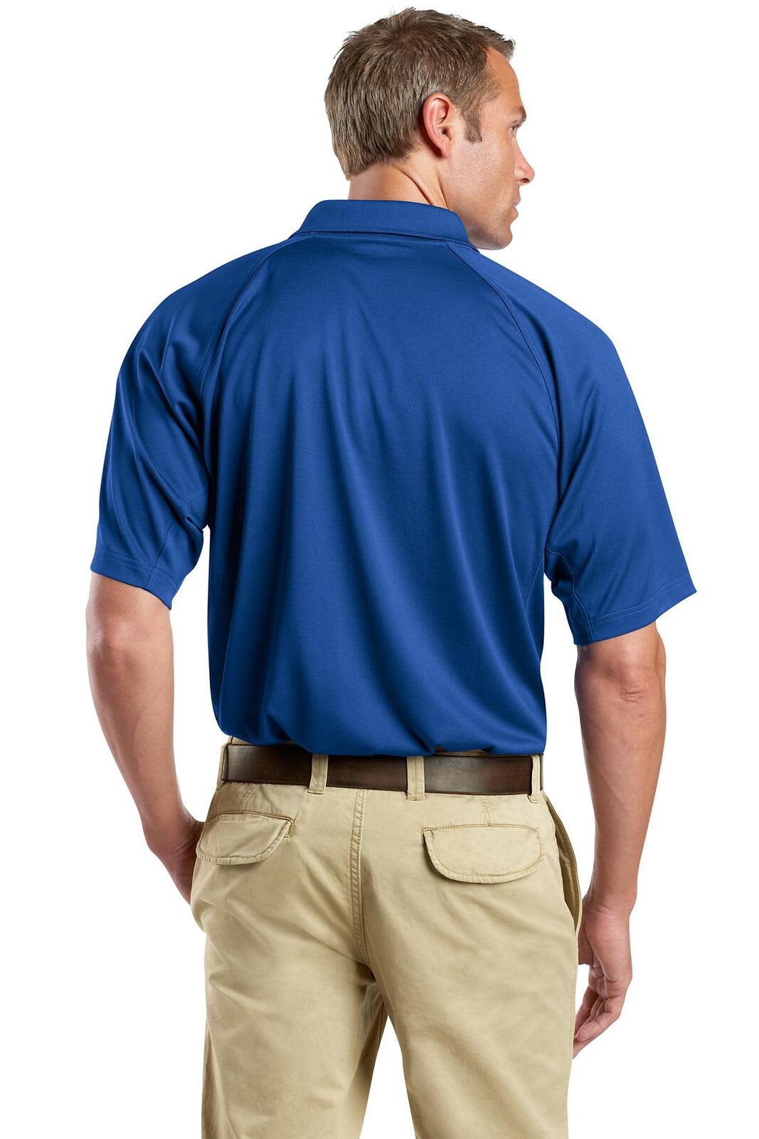 A blue snag-proof tactical polo shirt seen from the back, featuring short sleeves and a collar.