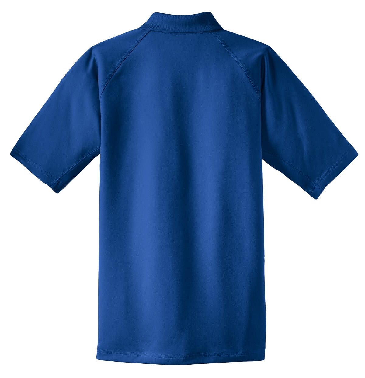 A blue snag-proof tactical polo shirt with short sleeves and a collar, featuring a logo on the back.