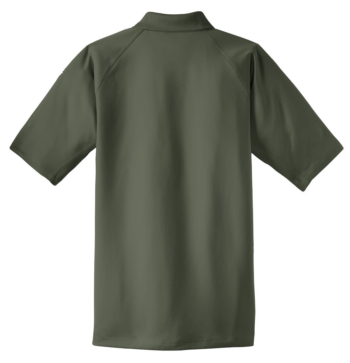 A dark green polo shirt with short sleeves and a collar, featuring a logo on the side.