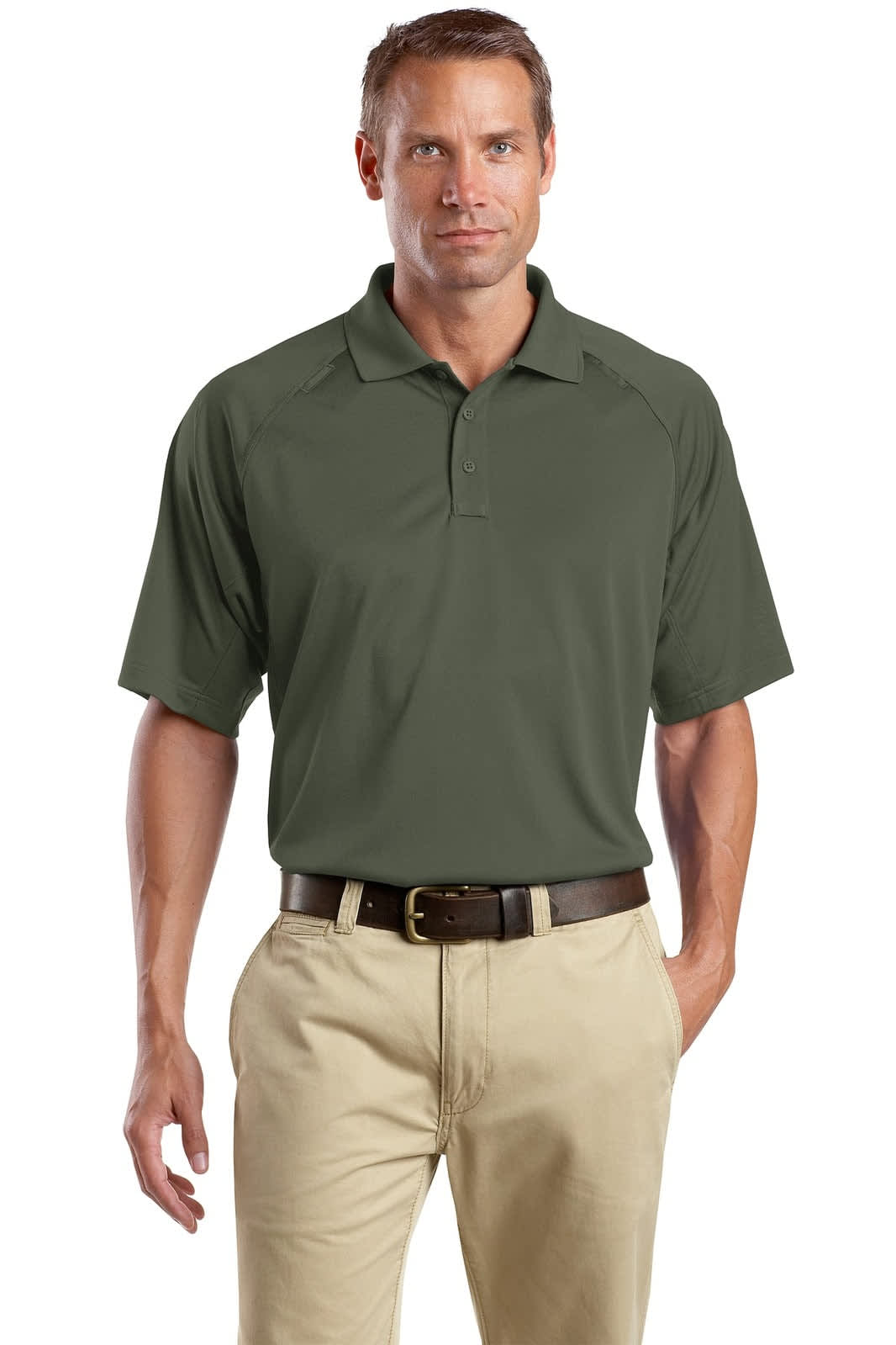 A green snag-proof tactical polo shirt with a collar and short sleeves, worn by a model with dark trousers.