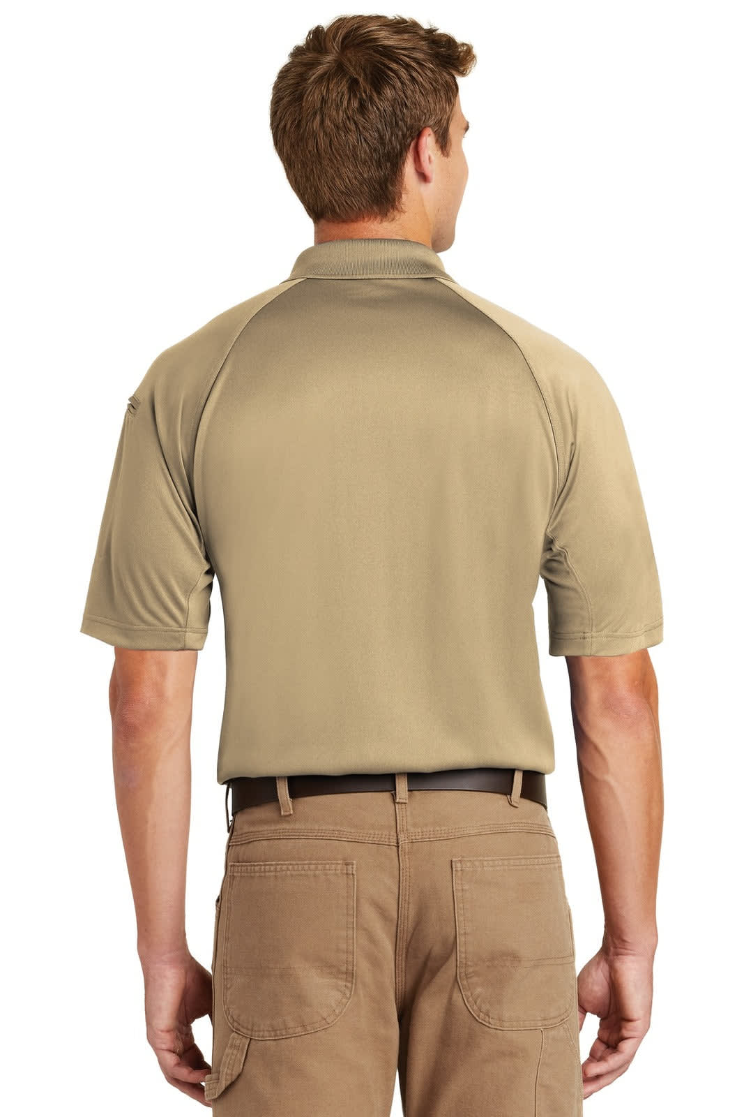 A man wearing a beige snag-proof tactical polo shirt, viewed from the back. The shirt has a logo on it.