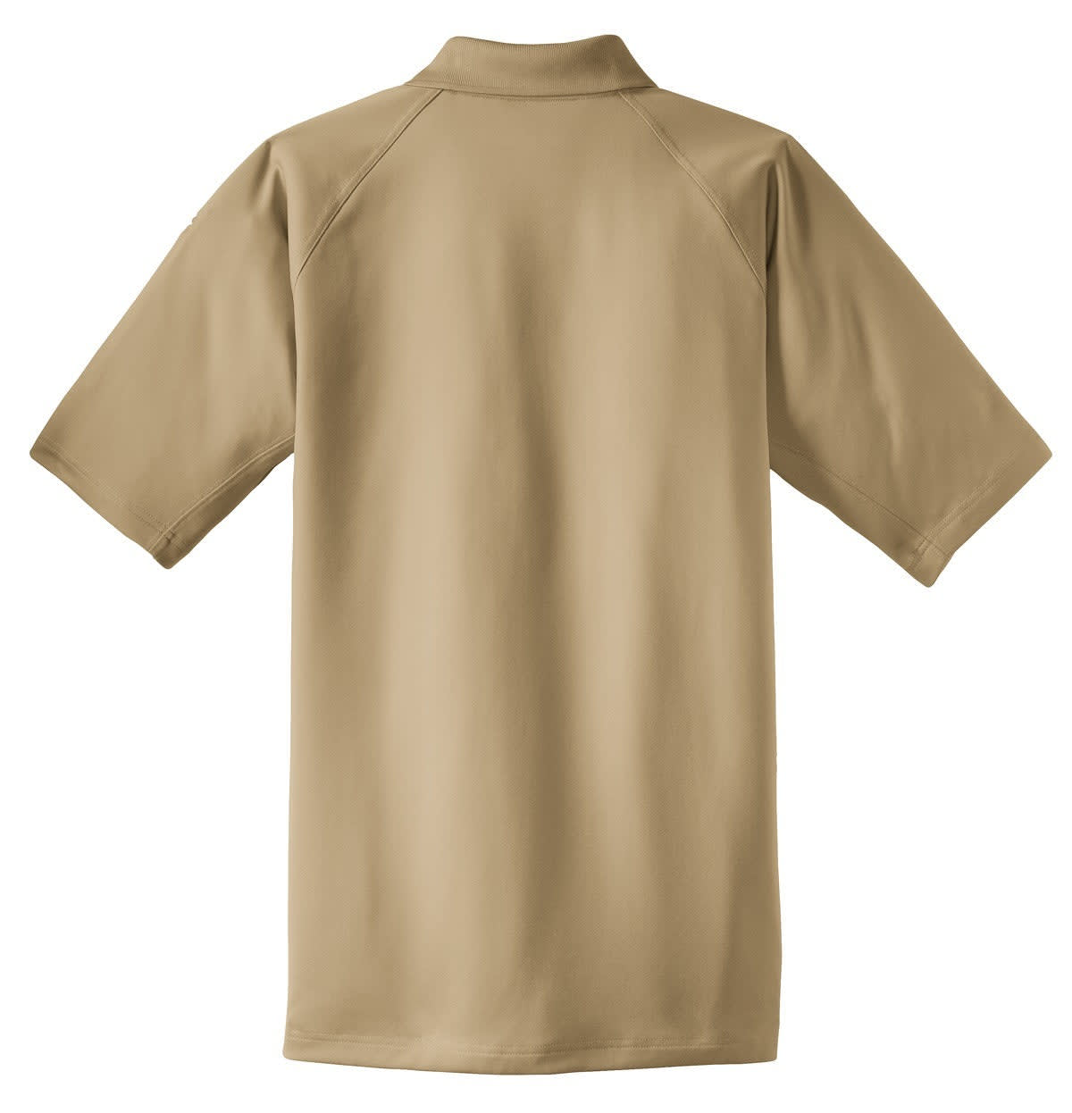 A khaki polo shirt with short sleeves and a collar, featuring a logo on the back.