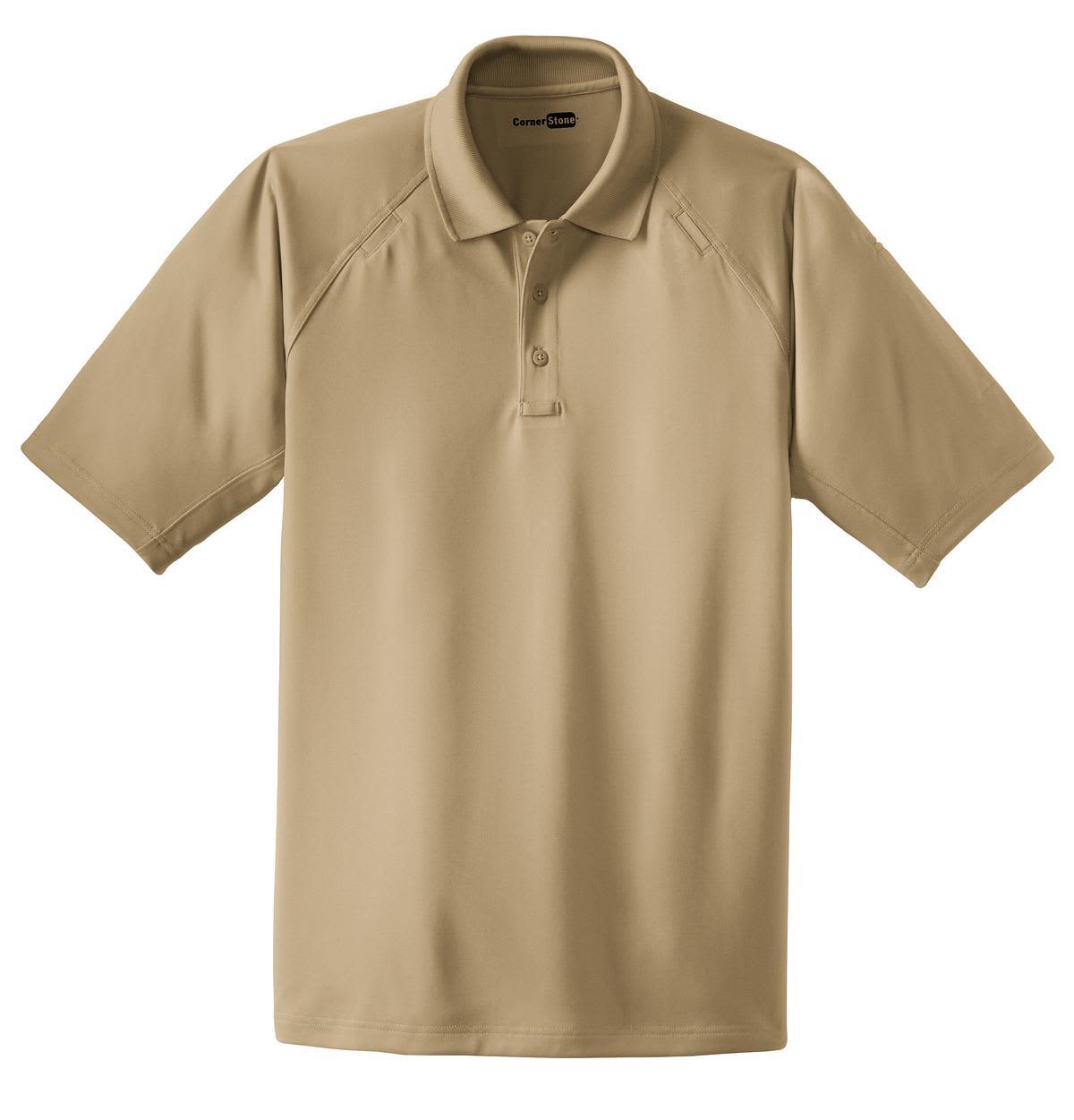 A tan polo shirt with short sleeves and a collar, featuring a logo on the upper left.